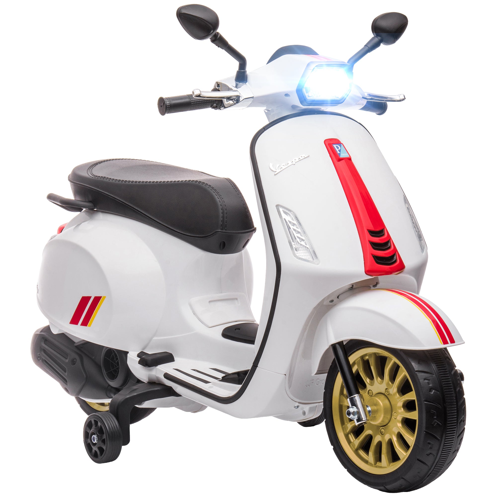 AIYAPLAY 12V Vespa Licensed Kids Electric Motorbike w/ Music, Headlights, FM Radio, for 3-6 Years - White - anydaydirect