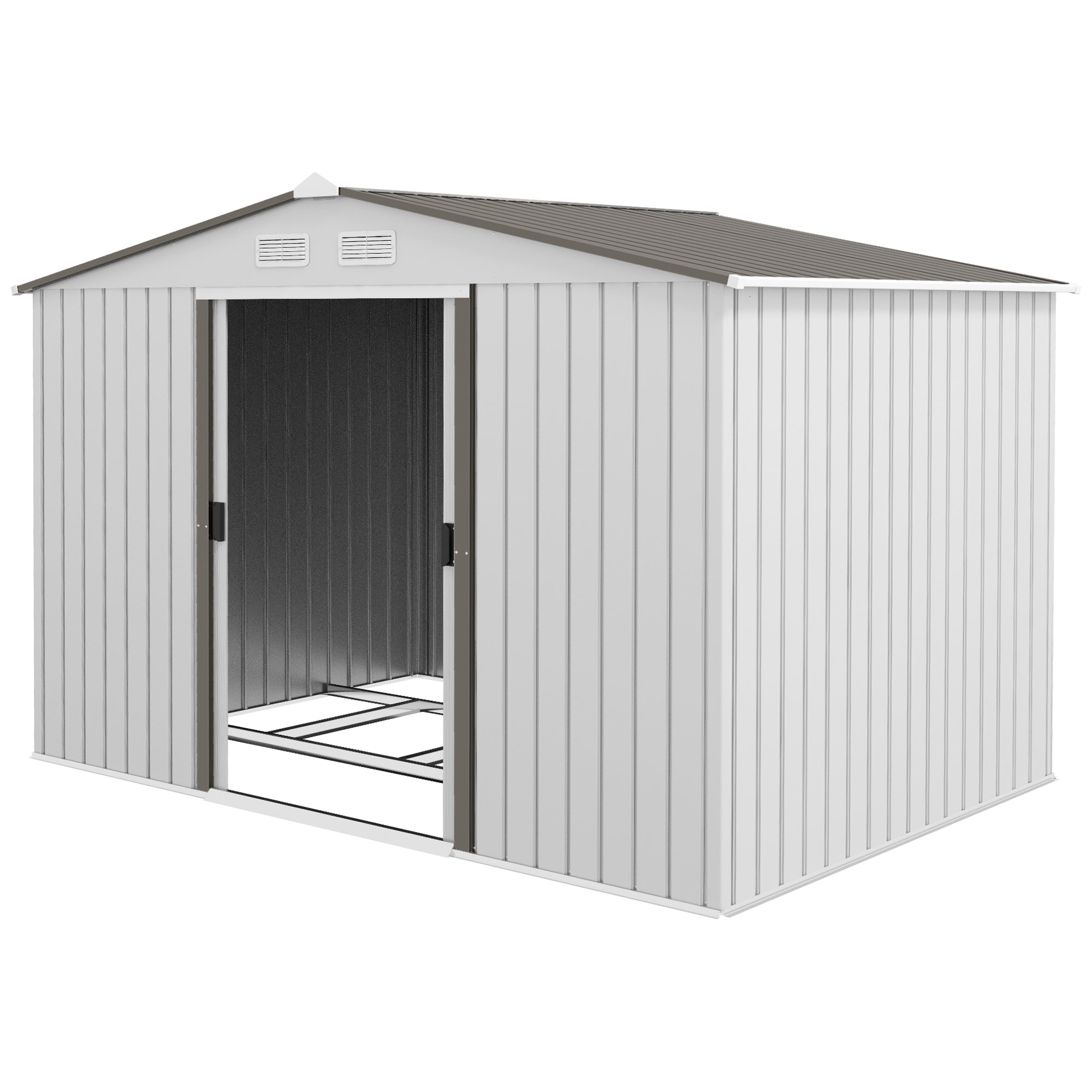 Outsunny 9 x 6FT Garden Storage Shed, Metal Outdoor Storage Shed House with Floor Foundation, Ventilation & Doors, Grey - anydaydirect