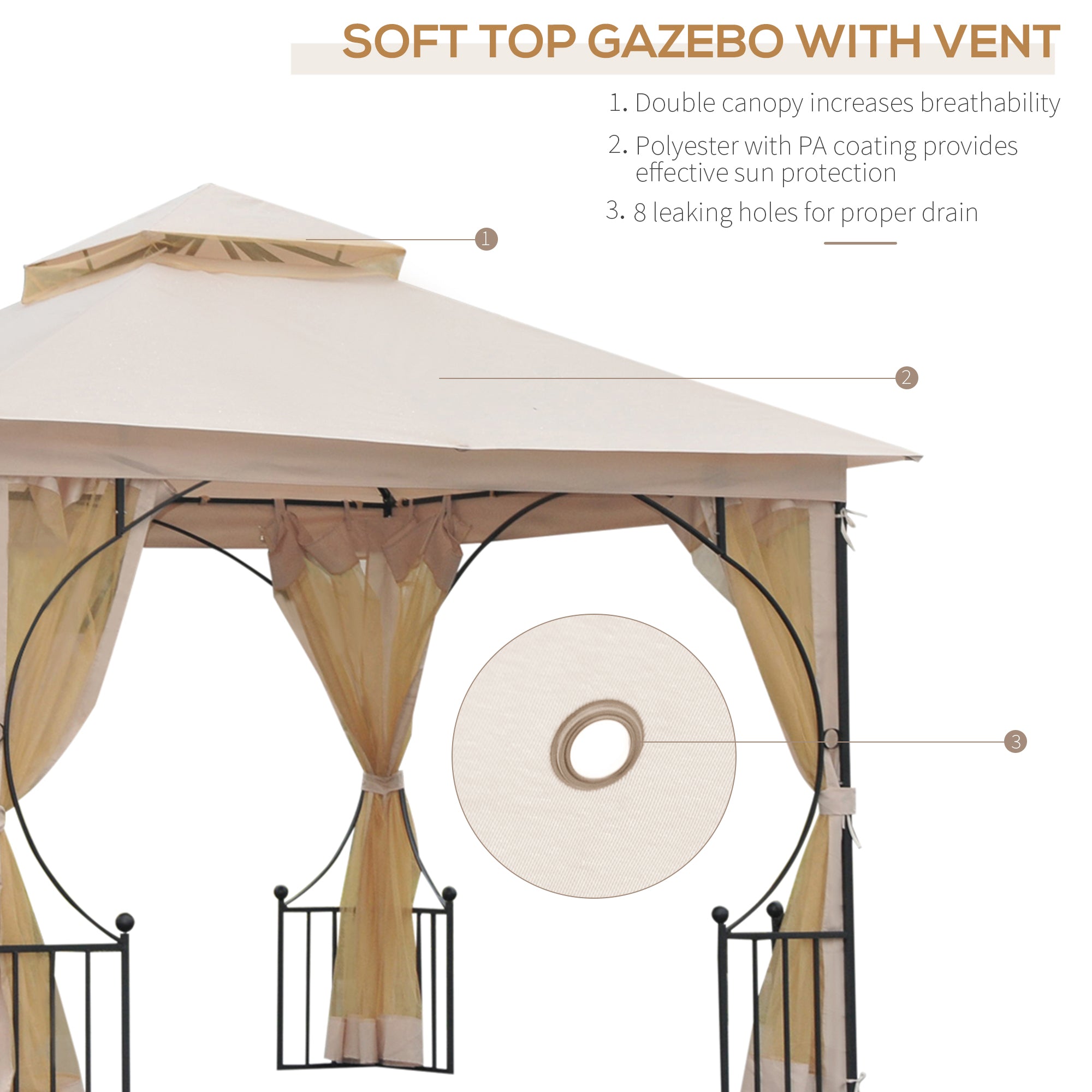 Outsunny 3 x 3(m) Garden Gazebo Patio Party Tent Shelter Outdoor Canopy Double Tier Sun Shade Metal Frame Netting Beige - anydaydirect