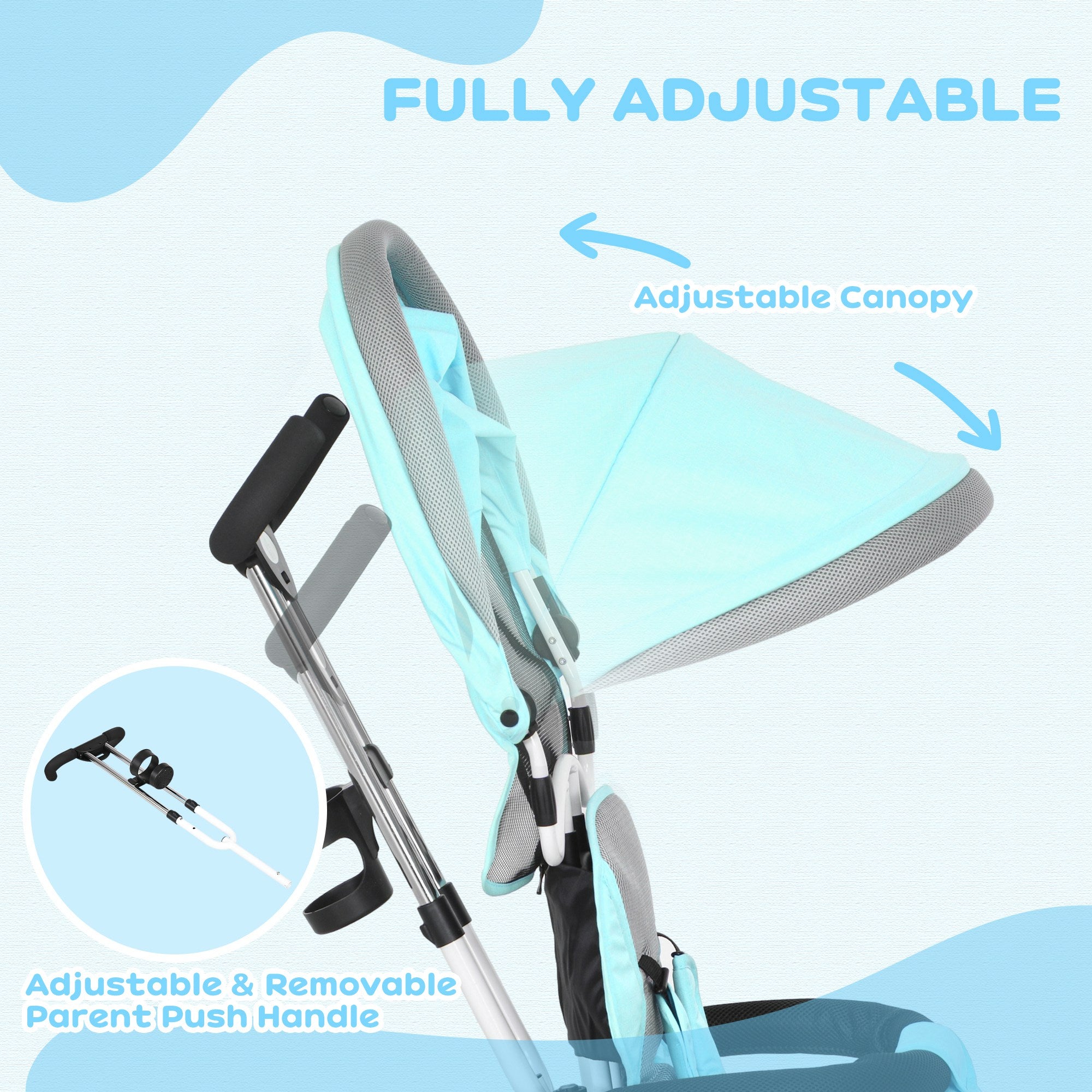 HOMCOM 6 in 1 Kids Trike Push Bike w/ Push Handle, Canopy, 5-point Safety Belt, Storage, Footrest, Brake, for 1-5 Years, Green - anydaydirect