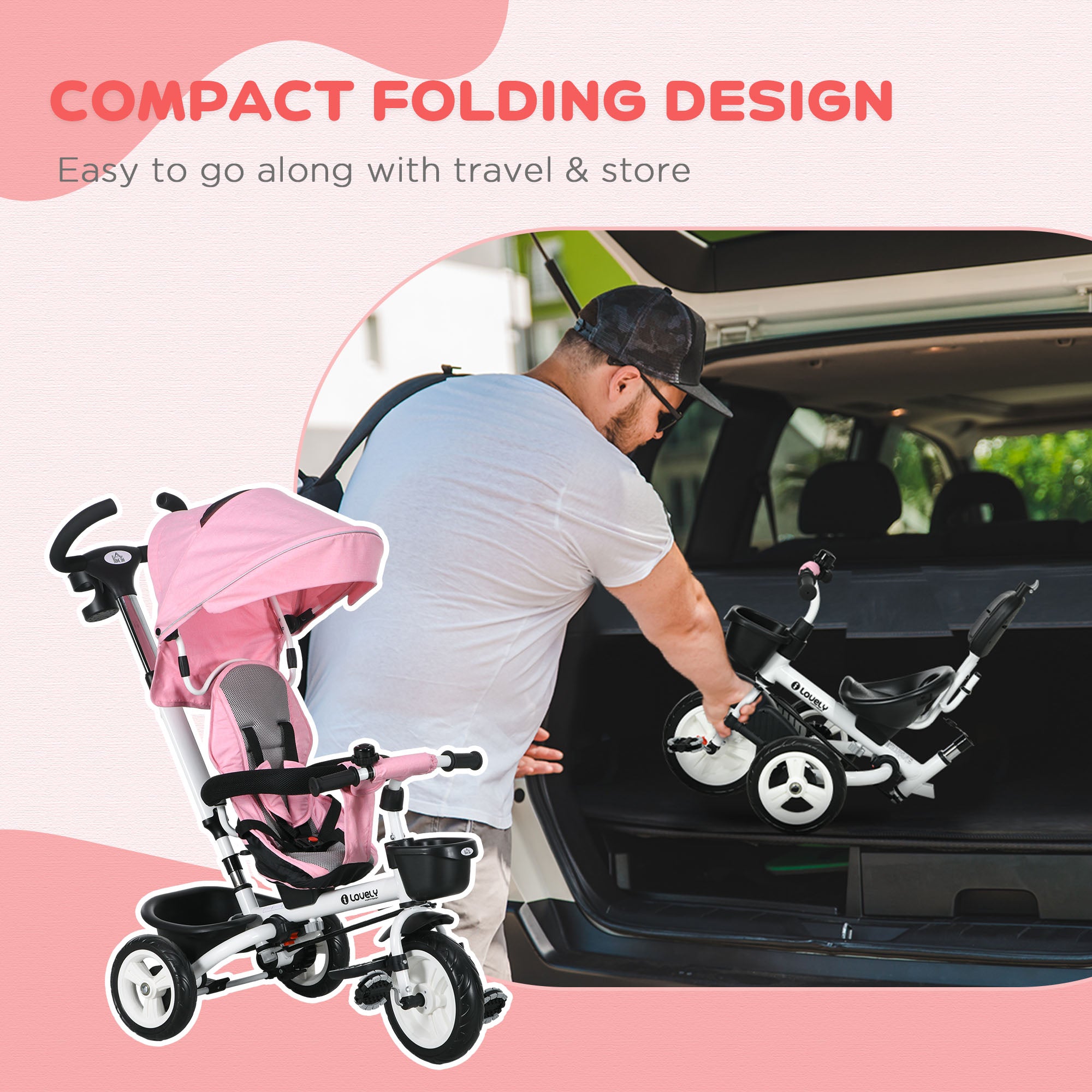 HOMCOM Metal Frame 4 in 1 Baby Push Tricycle with Parent Handle for 1-5 Years Old, Pink - anydaydirect