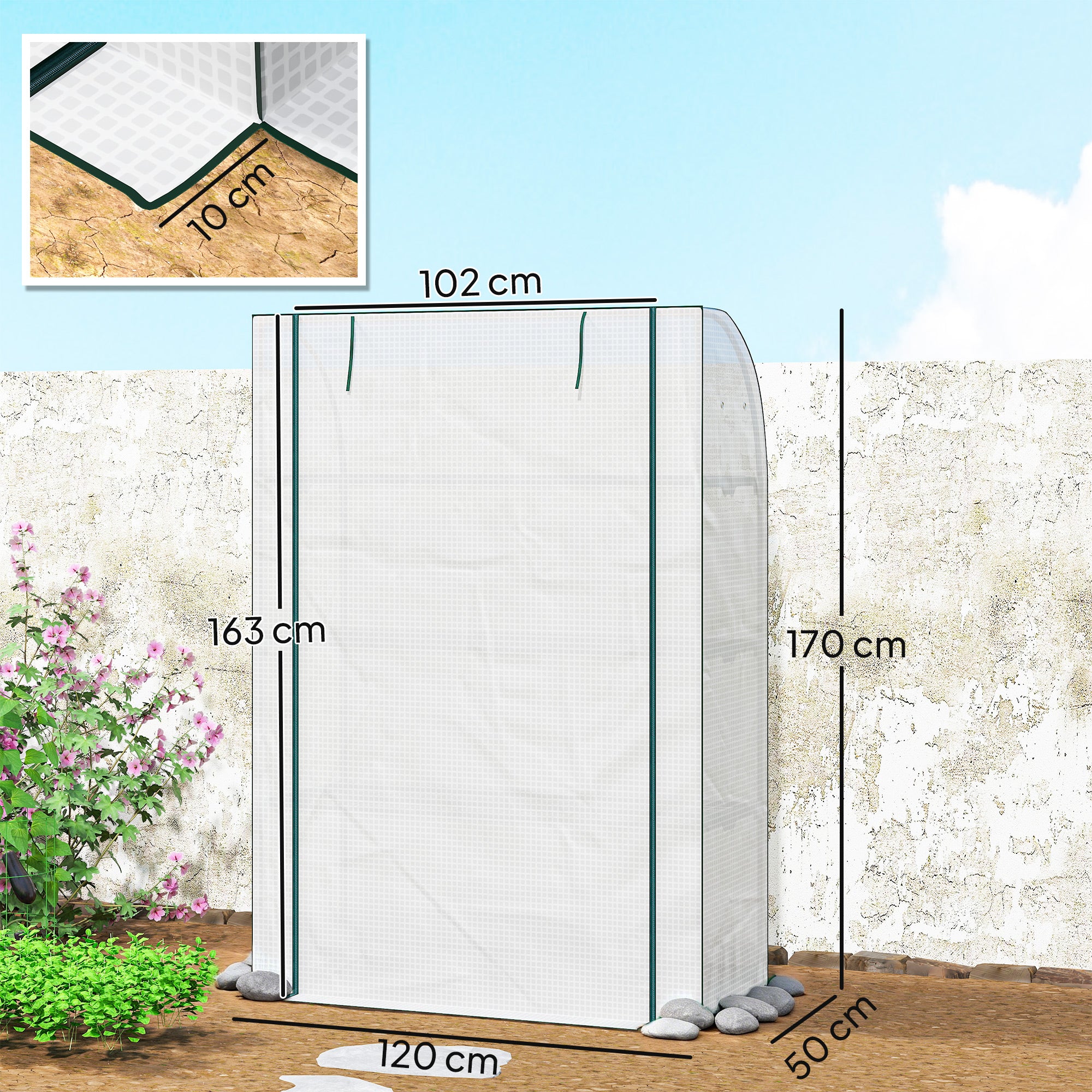 Outsunny Mini Greenhouse with Reinforced PE Cover, Portable Indoor Outdoor Green House with Roll-up Door, 170 x 120 x 50cm, White - anydaydirect