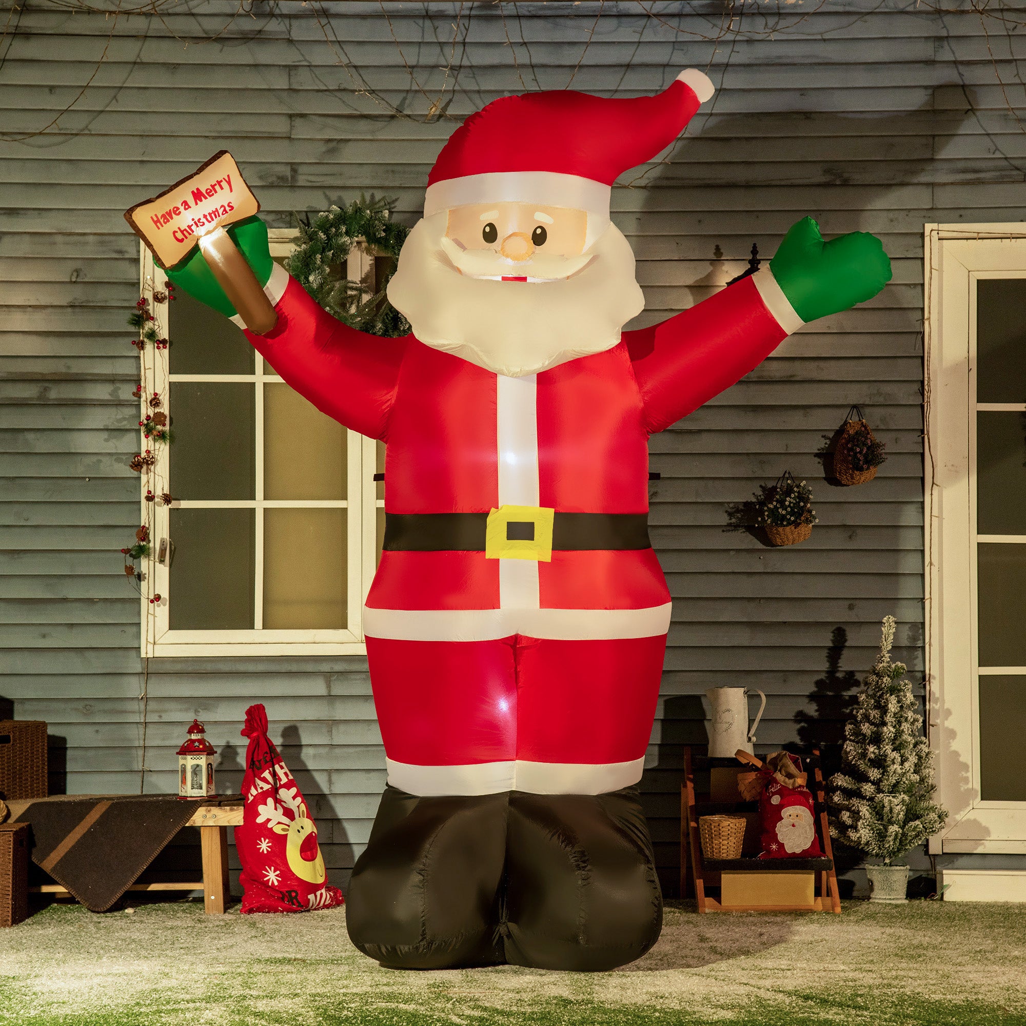 Outsunny 8ft Inflatable Christmas Santa Claus Holds Light Sign of Blessings, Blow-Up Outdoor LED Yard Display for Lawn Garden Party - anydaydirect