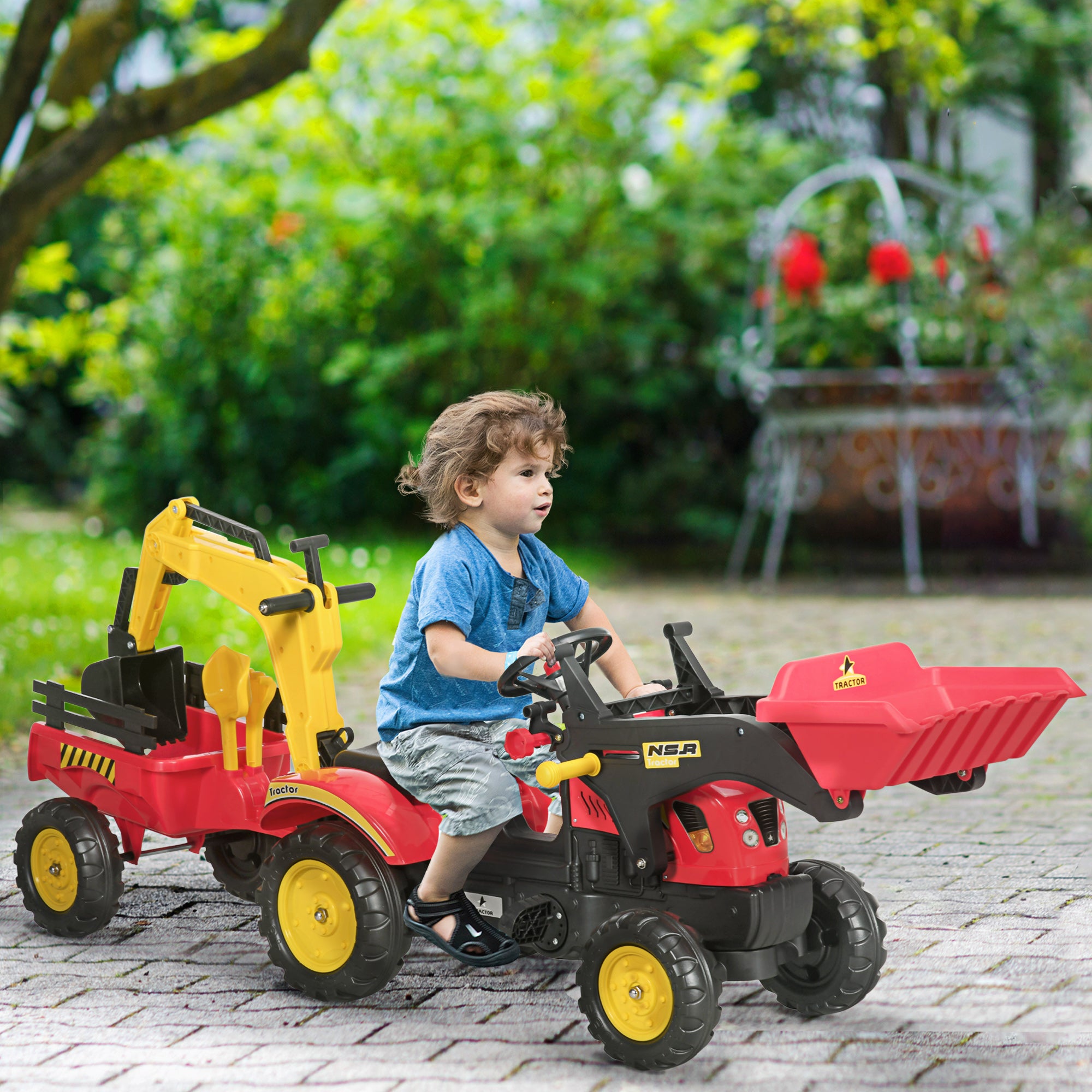 HOMCOM Kids Controllable Excavator Plastic Ride On Pedal Truck Red/Yellow - anydaydirect