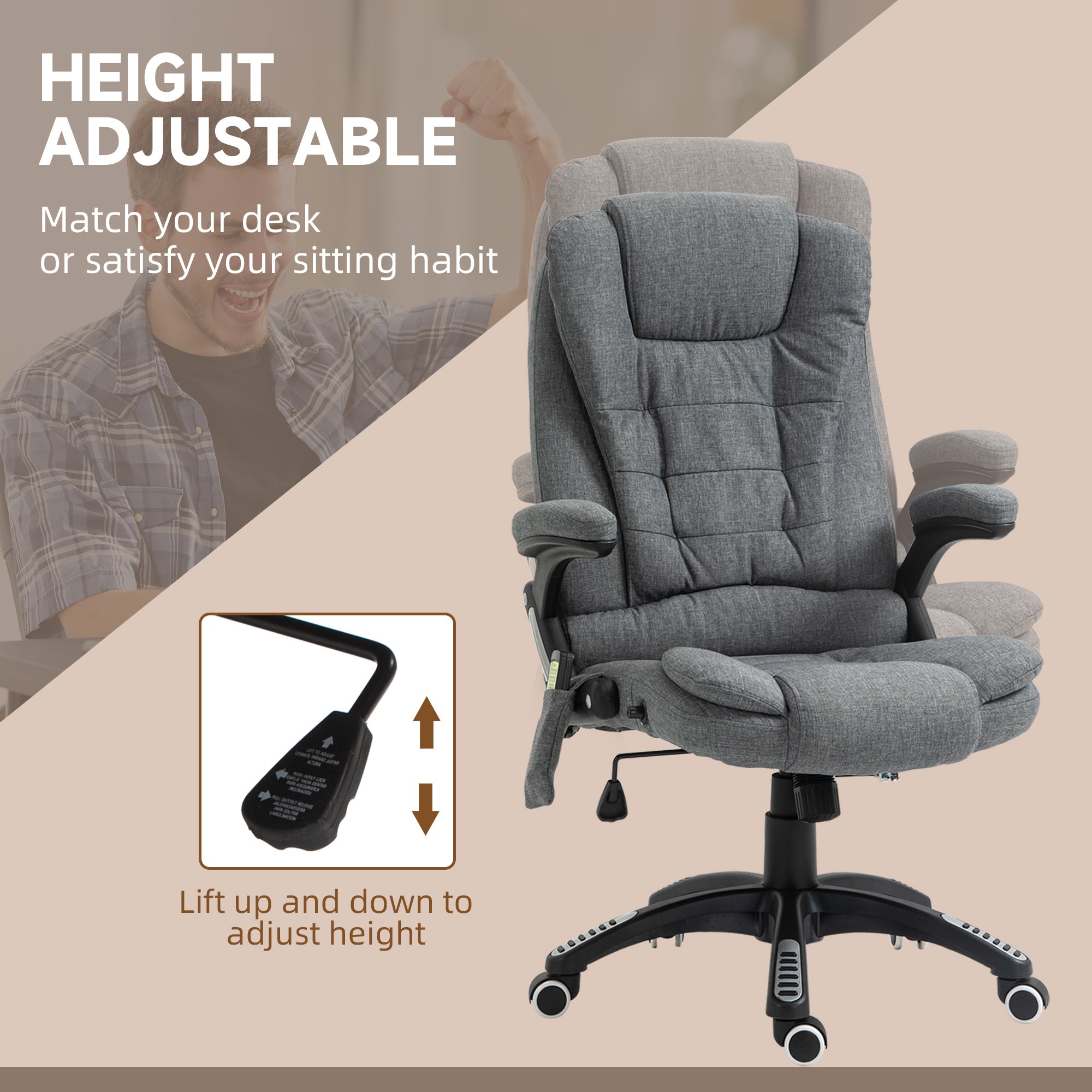 Vinsetto Massage Recliner Chair Heated Office Chair with Six Massage Points Linen-Feel Fabric 360° Swivel Wheels Grey - anydaydirect