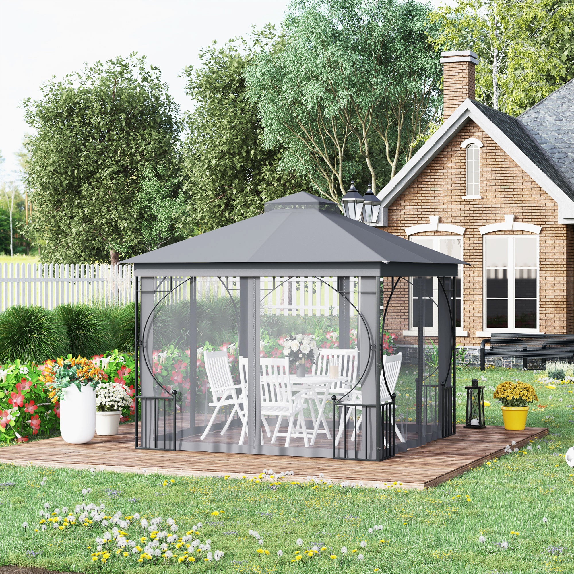 Outsunny 3 x 3(m) Garden Gazebo Patio Party Tent Shelter Outdoor Canopy Double Tier Sun Shade Metal Frame Netting, Light Grey - anydaydirect