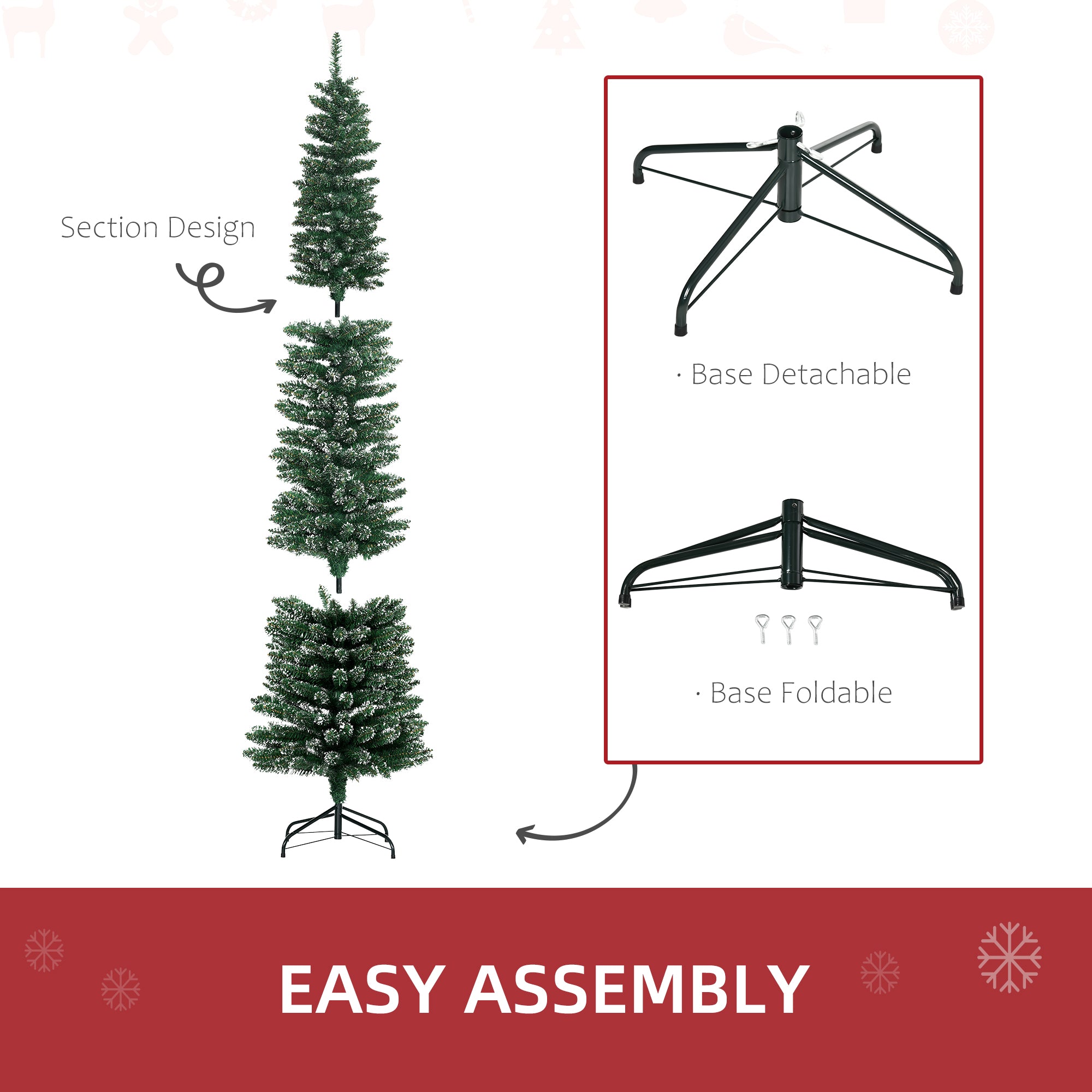 HOMCOM 7.5FT Artificial Christmas Tree Snow Dipped Xmas Pencil Tree Holiday Home Indoor Decoration with Foldable Black Stand, Green - anydaydirect