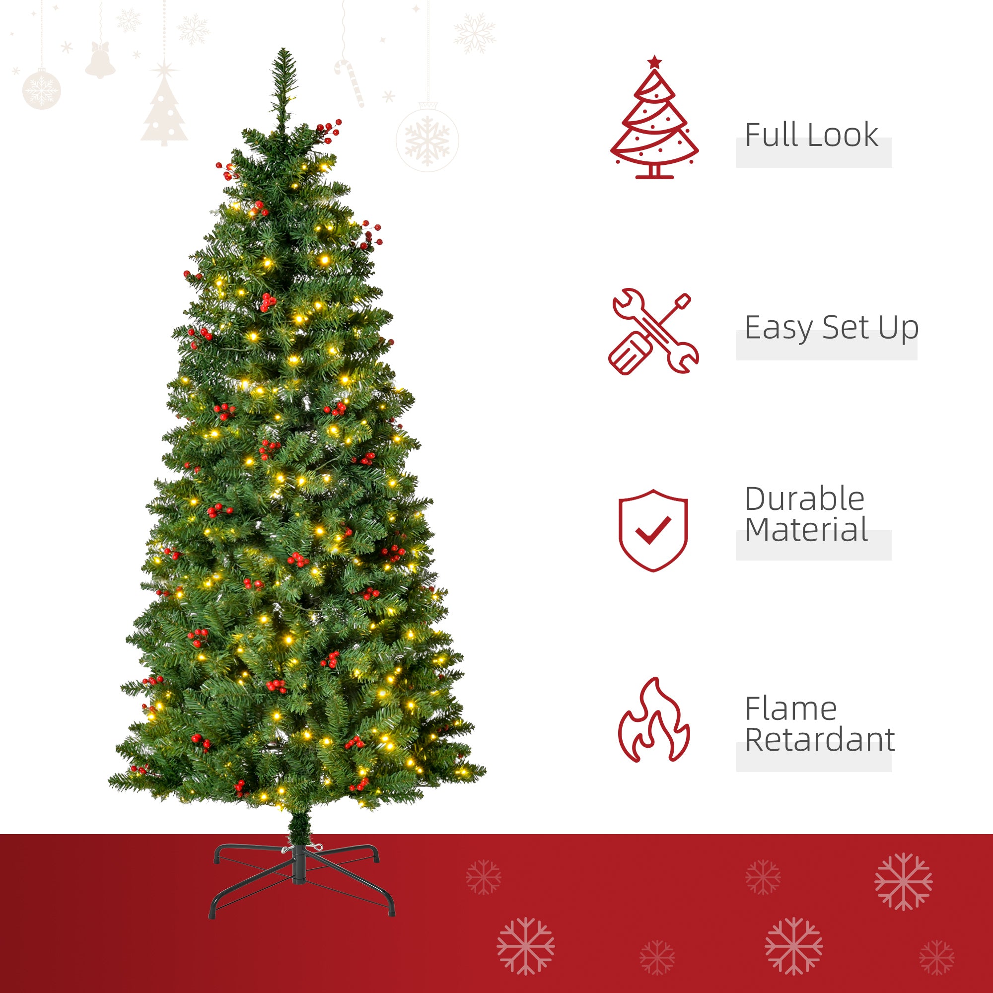HOMCOM 5FT Prelit Artificial Pencil Christmas Tree with Warm White LED Light, Red Berry, Holiday Home Xmas Decoration, Green - anydaydirect