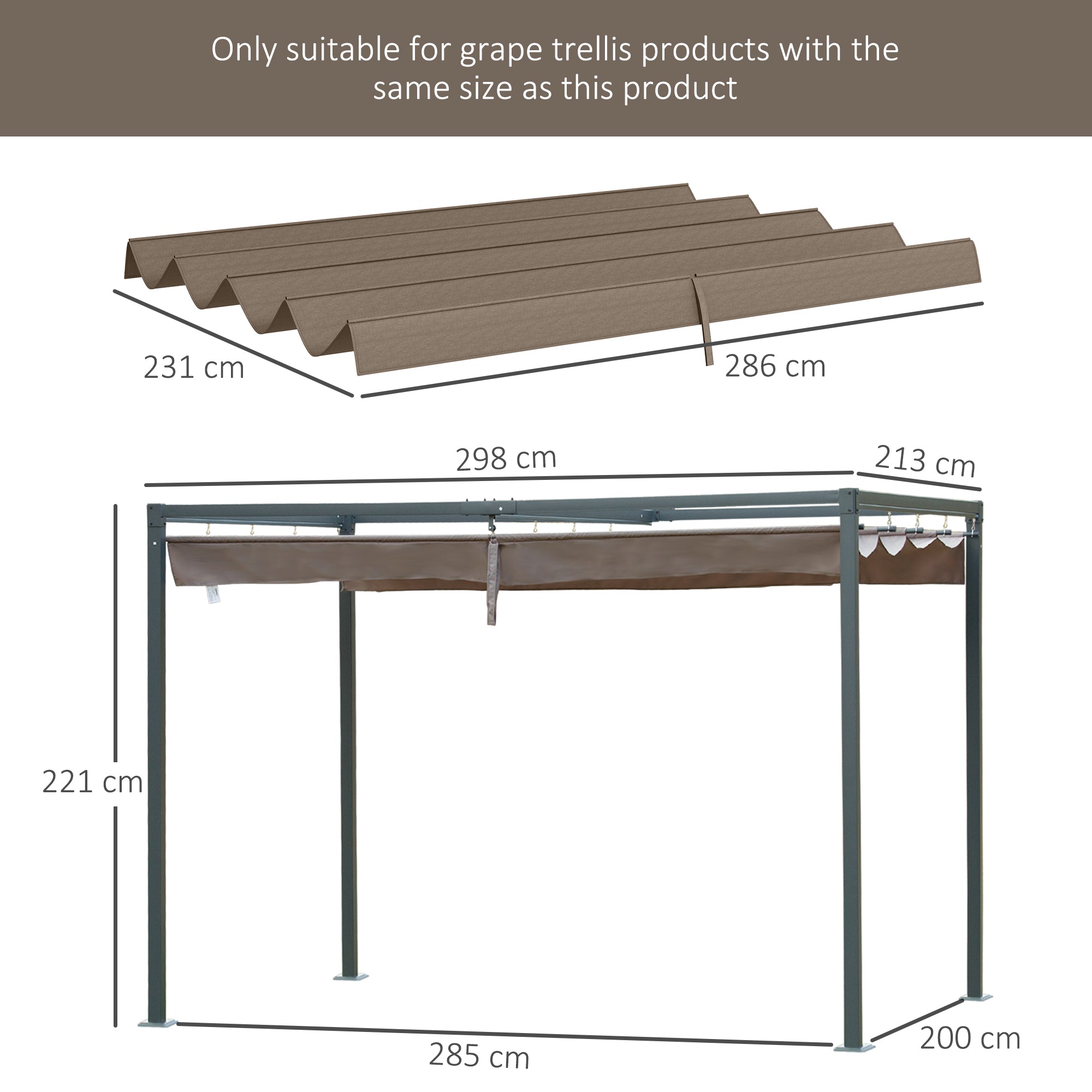 Outsunny Pergola Roof, Retractable Sun Shade Cover for 2.85 x 2m Pergola, UV30+ Protected, Coffee - anydaydirect