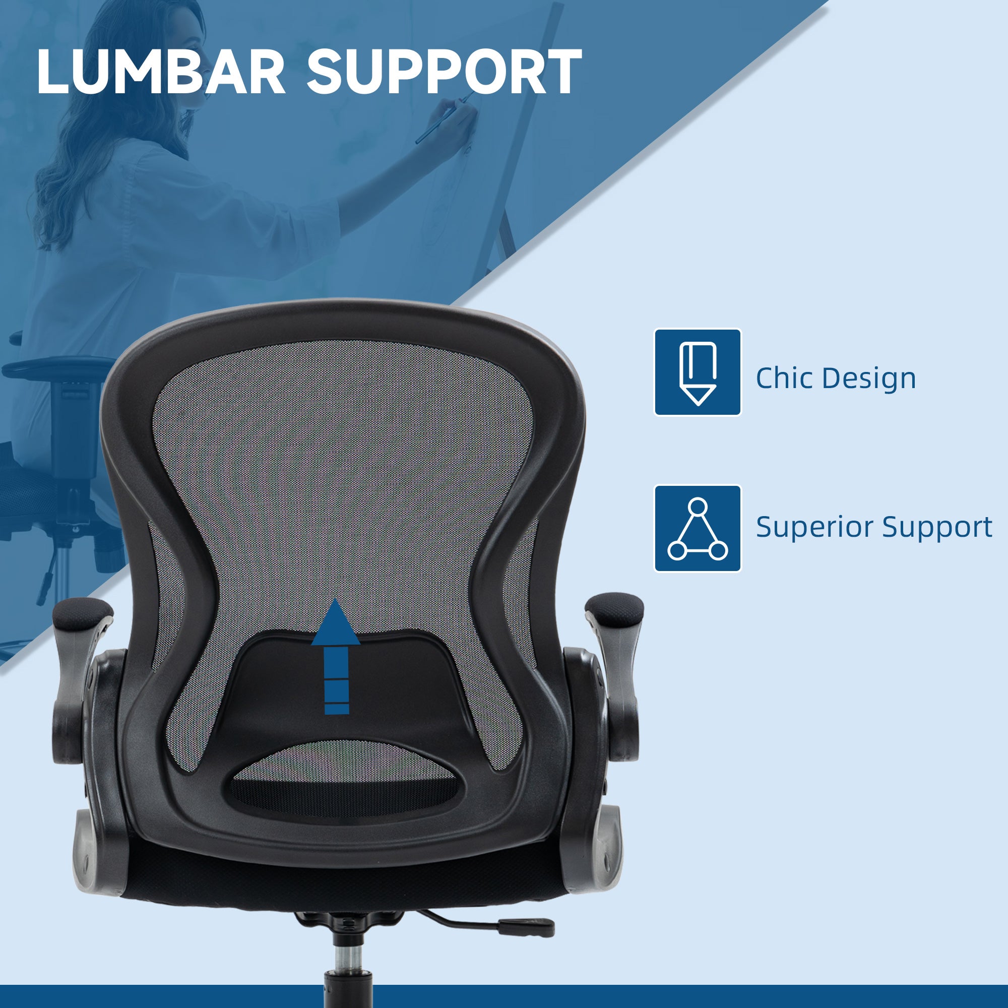 Vinsetto Adjustable Mesh Standing Desk Chair with Flip-up Armrests Lumbar Support Armrests Adjustable Footrest Ring Black - anydaydirect