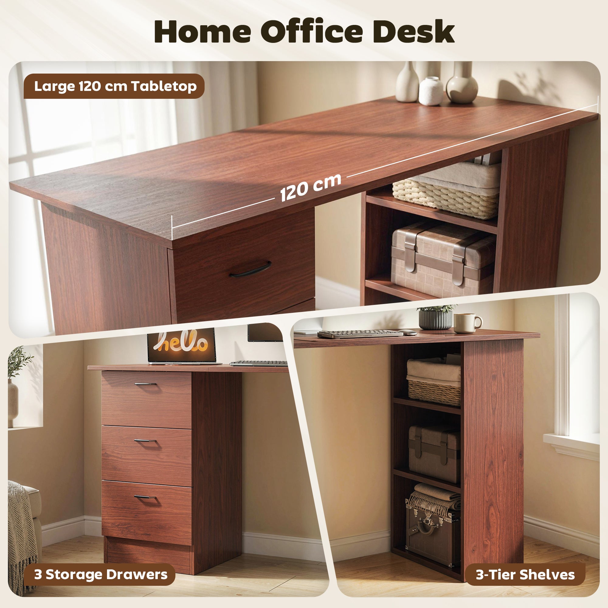 HOMCOM Computer Desk, Writing Table, PC Workstation with 3 Storage Shelves and Drawers, Handle, for Home Office, Walnut Brown - anydaydirect