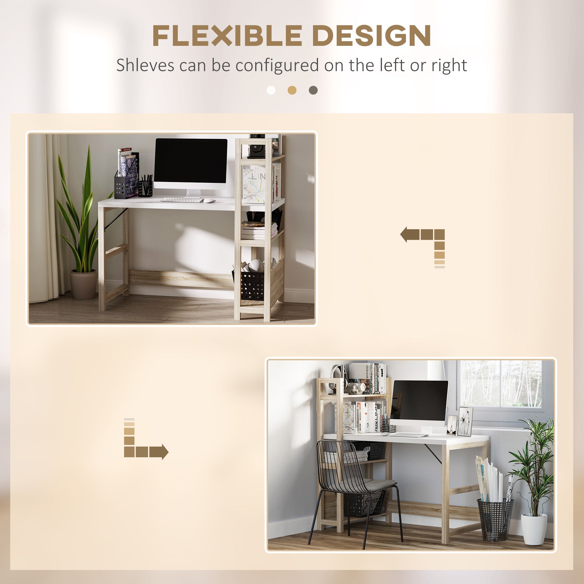 HOMCOM Computer Desk with 3 Tier Storage Shelves on Left or Right, 120cm Writing Table for Home Office, Study, Bedroom, White and Oak - anydaydirect