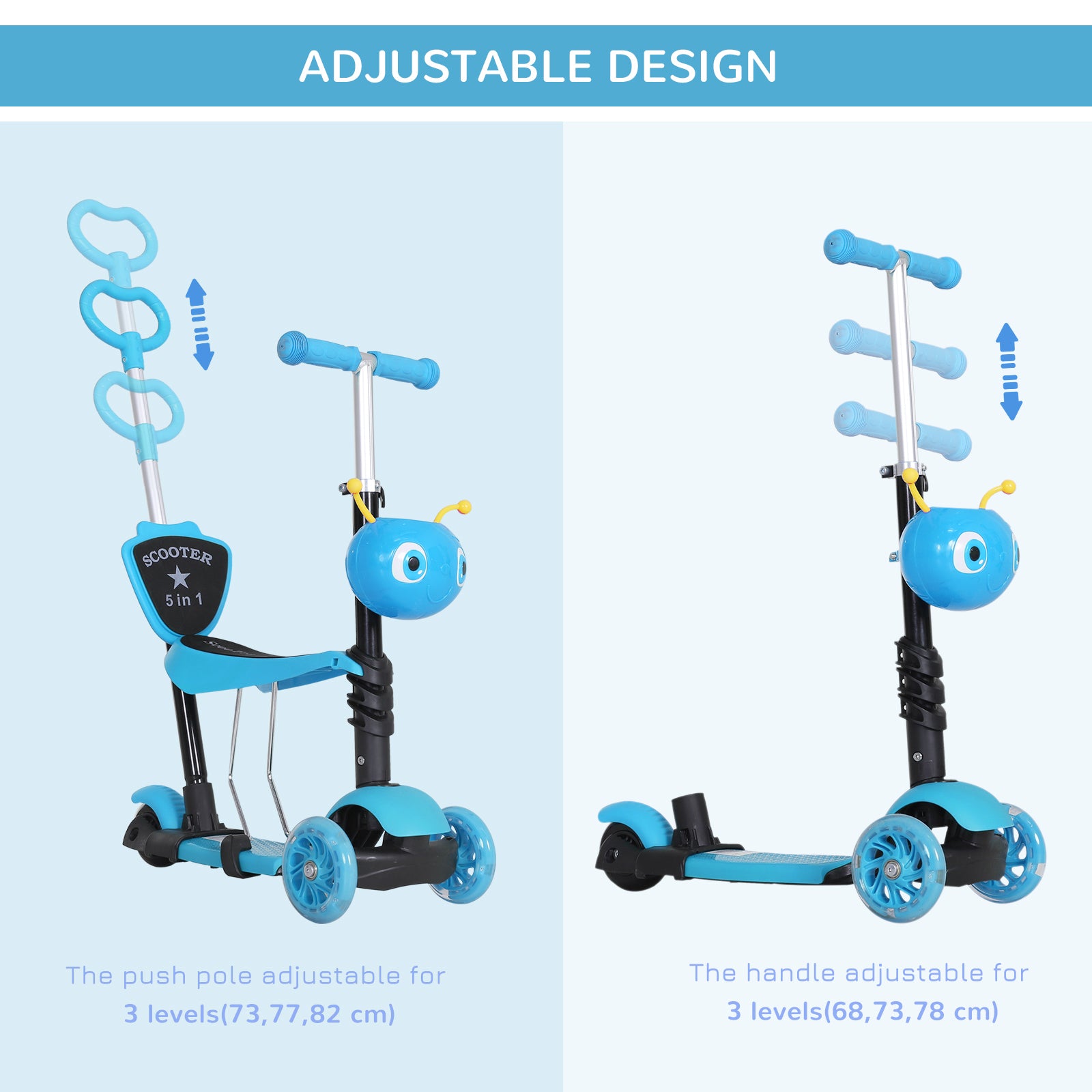 HOMCOM 5-in-1 Kids Toddler 3 Wheels Mini Kick Scooter Push Walker with Removable Seat & Back Rest for Girls and Boys Blue - anydaydirect