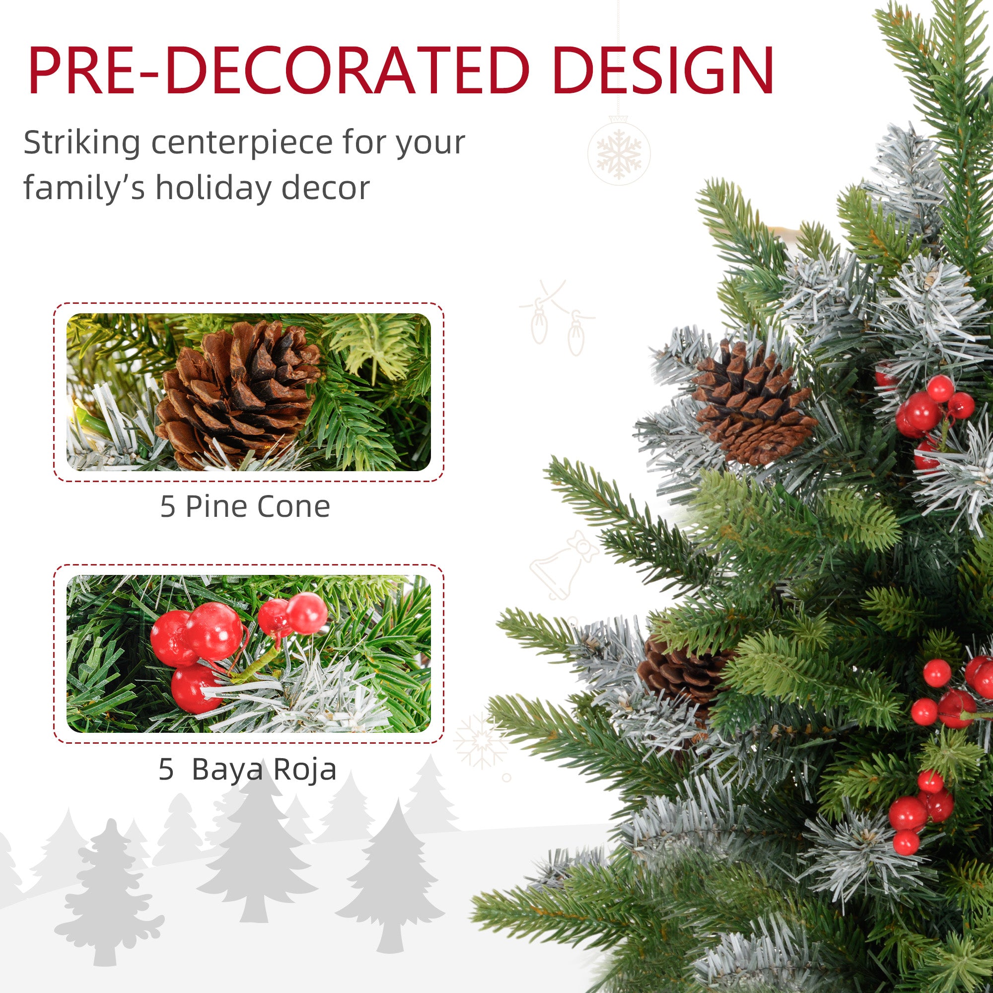 HOMCOM 2 Pieces 2ft Prelit Artificial Christmas Tree with LED Light and 141 Tips, Concrete Base, Tabletop Xmas Tree with Pine Cones and Red Berries, Green - anydaydirect
