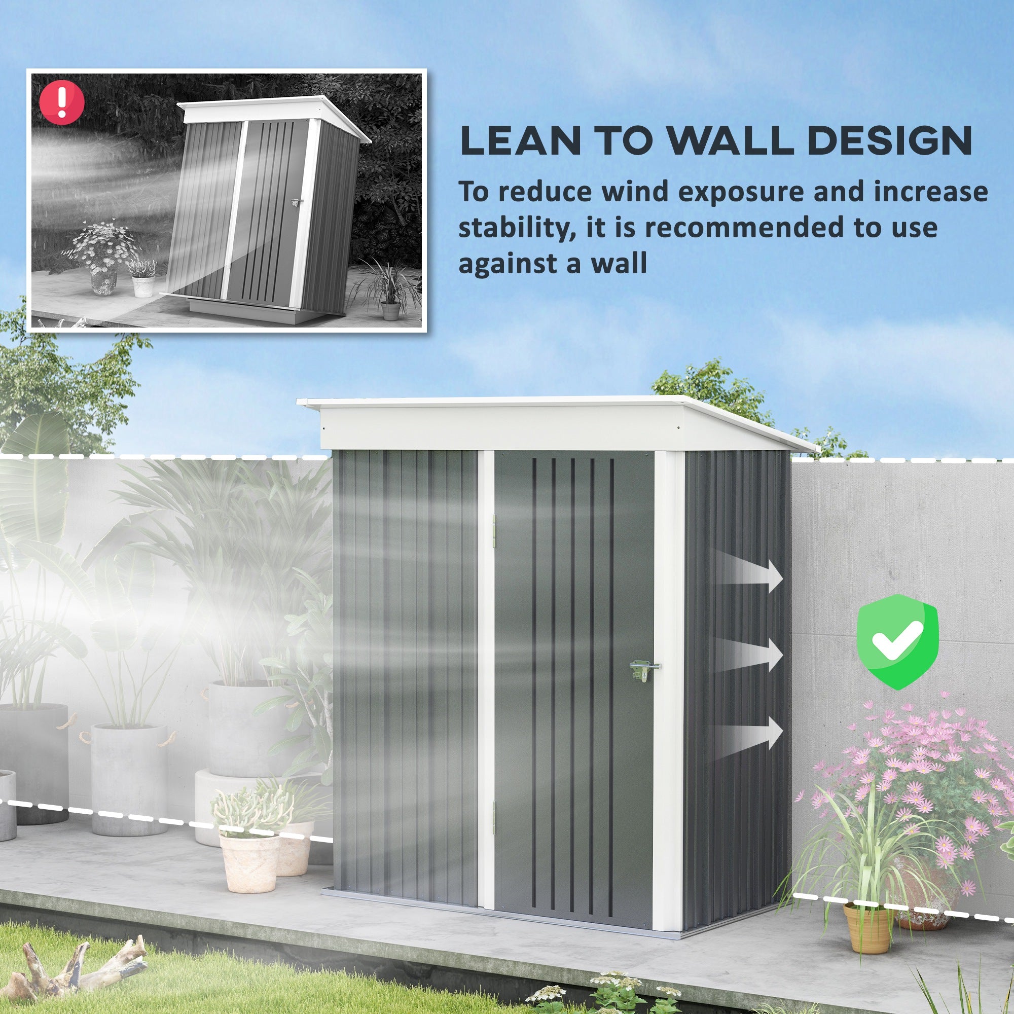 Outsunny Metal Garden Shed, Outdoor Lean-to Shed for Tool Motor Bike, with Adjustable Shelf, Lock, Gloves, 5'x3'x6',  Dark Grey - anydaydirect