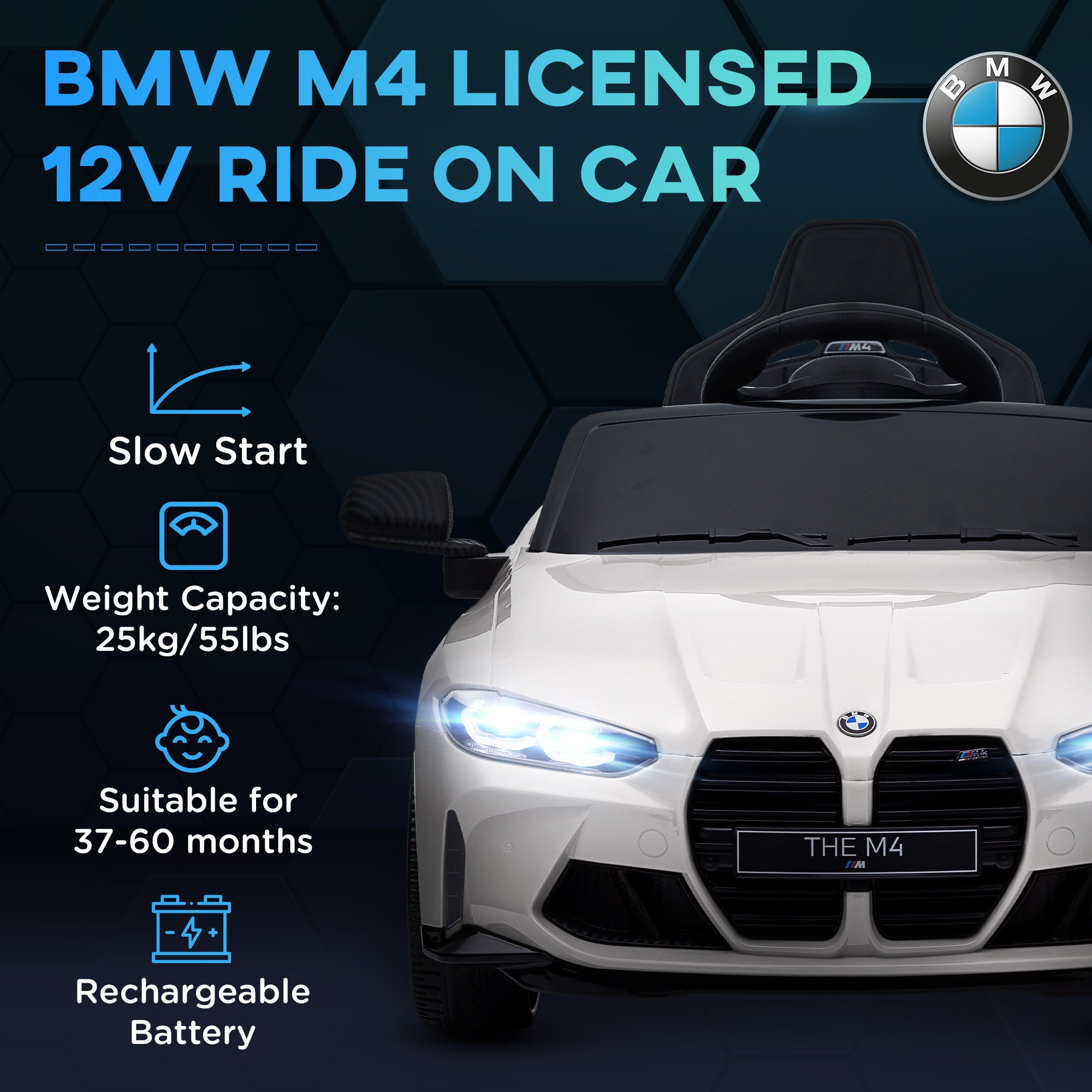 AIYAPLAY 12V BMW M4 Licensed Kids Car with Easy Transport, Remote Control, Suspension, Music, Horn, LED Lights - White - anydaydirect