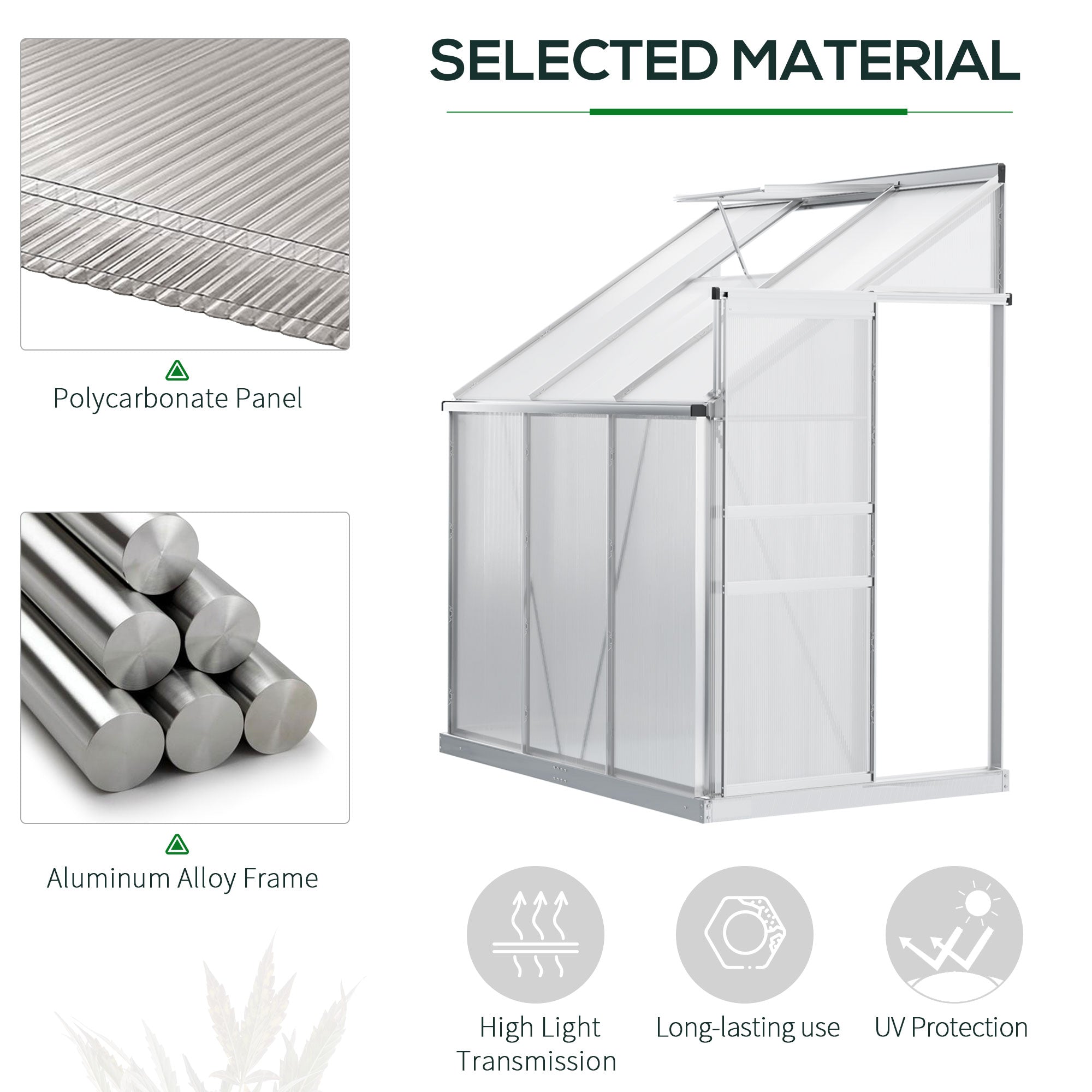 Outsunny 6 x 4ft Lean to Wall Polycarbonate Greenhouse Aluminium Walk-in Garden Greenhouse with Adjustable Roof Vent, Rain Gutter and Sliding Door, Clear - anydaydirect