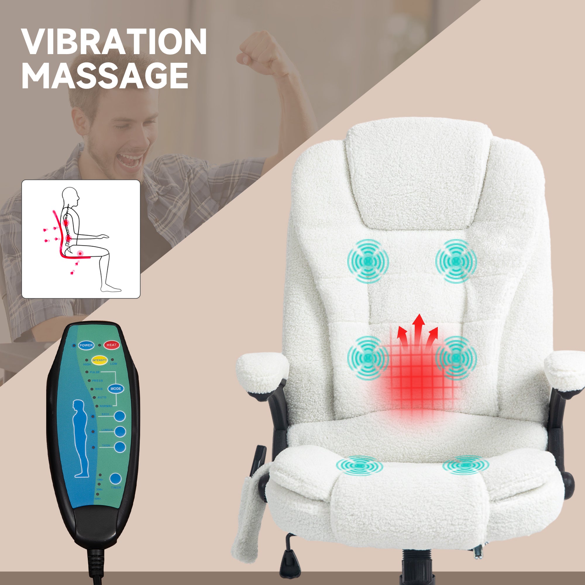 Vinsetto Boucle Six-Point Massage Office Chair - White - anydaydirect