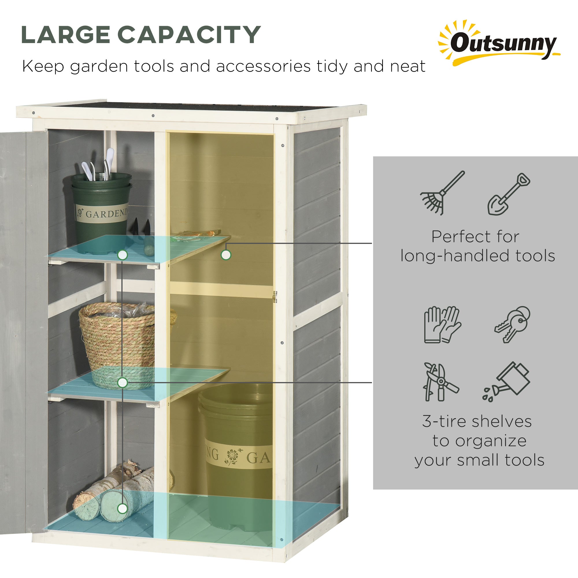 Outsunny Wooden Garden Storage Shed Fir Wood Tool Cabinet Organiser with Shelves 75L x 56W x115Hcm Grey - anydaydirect