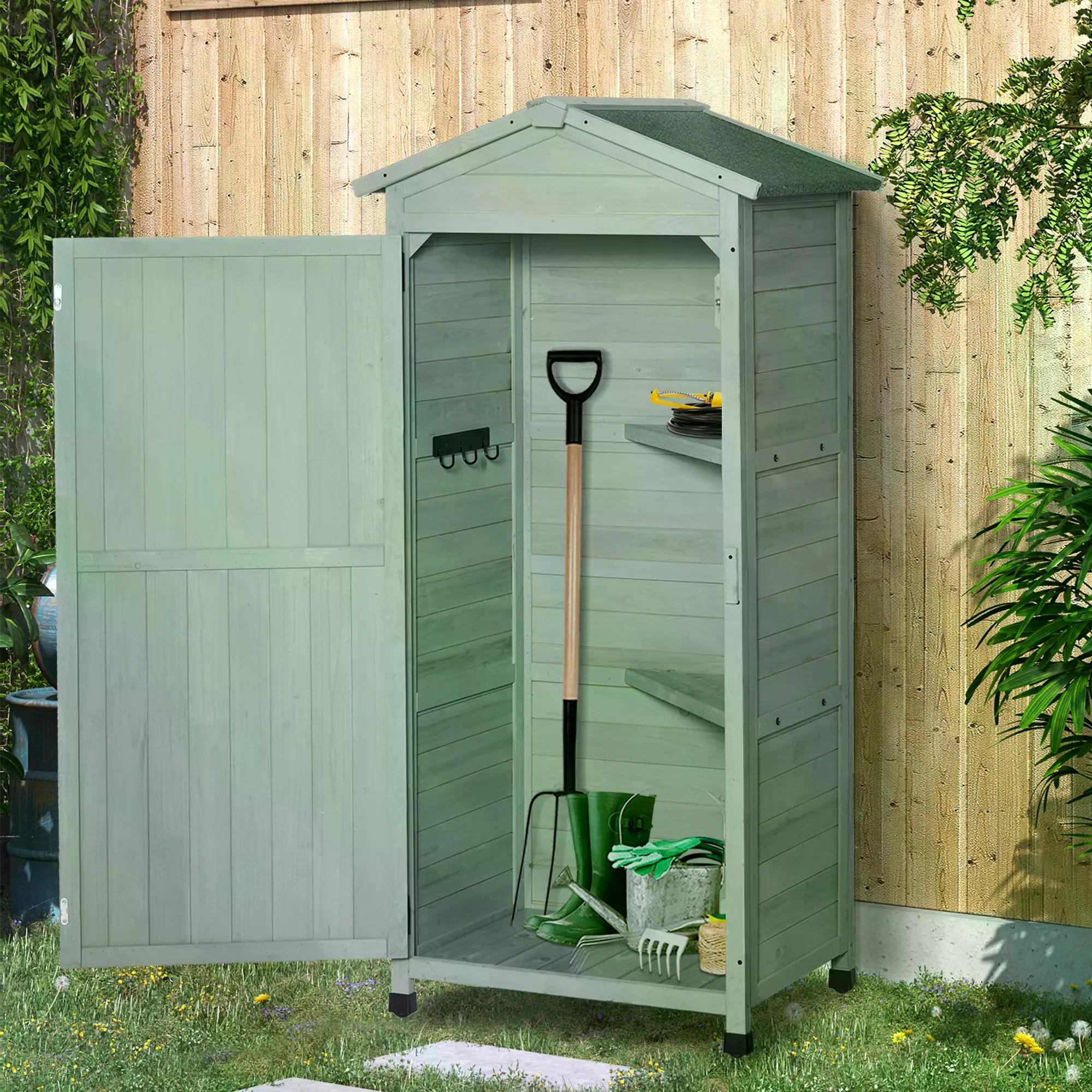Outsunny Wooden Garden Cabinet 3-Tier Storage Shed 2 Shelves Lockable Organizer with Hooks Foot Pad 74 x 55 x 155cm Green - anydaydirect