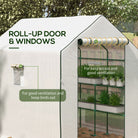 Outsunny Walk-in Greenhouse with 3 Tier Shelves, Outdoor Green House Garden Grow House with Reinforced PE Cover, Roll-up Door and Mesh Windows, 140 x 213 x 190cm, White - anydaydirect