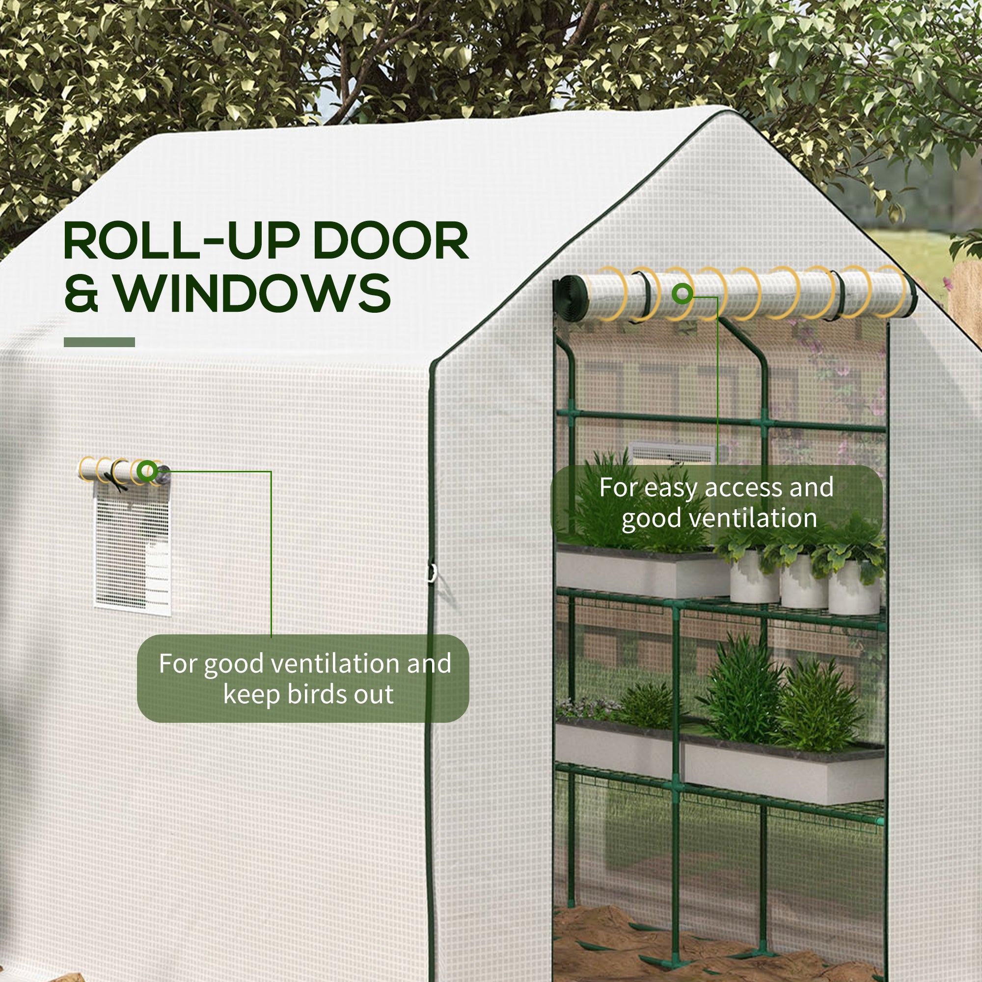 Outsunny Walk-in Greenhouse with 3 Tier Shelves, Outdoor Green House Garden Grow House with Reinforced PE Cover, Roll-up Door and Mesh Windows, 140 x 213 x 190cm, White - anydaydirect