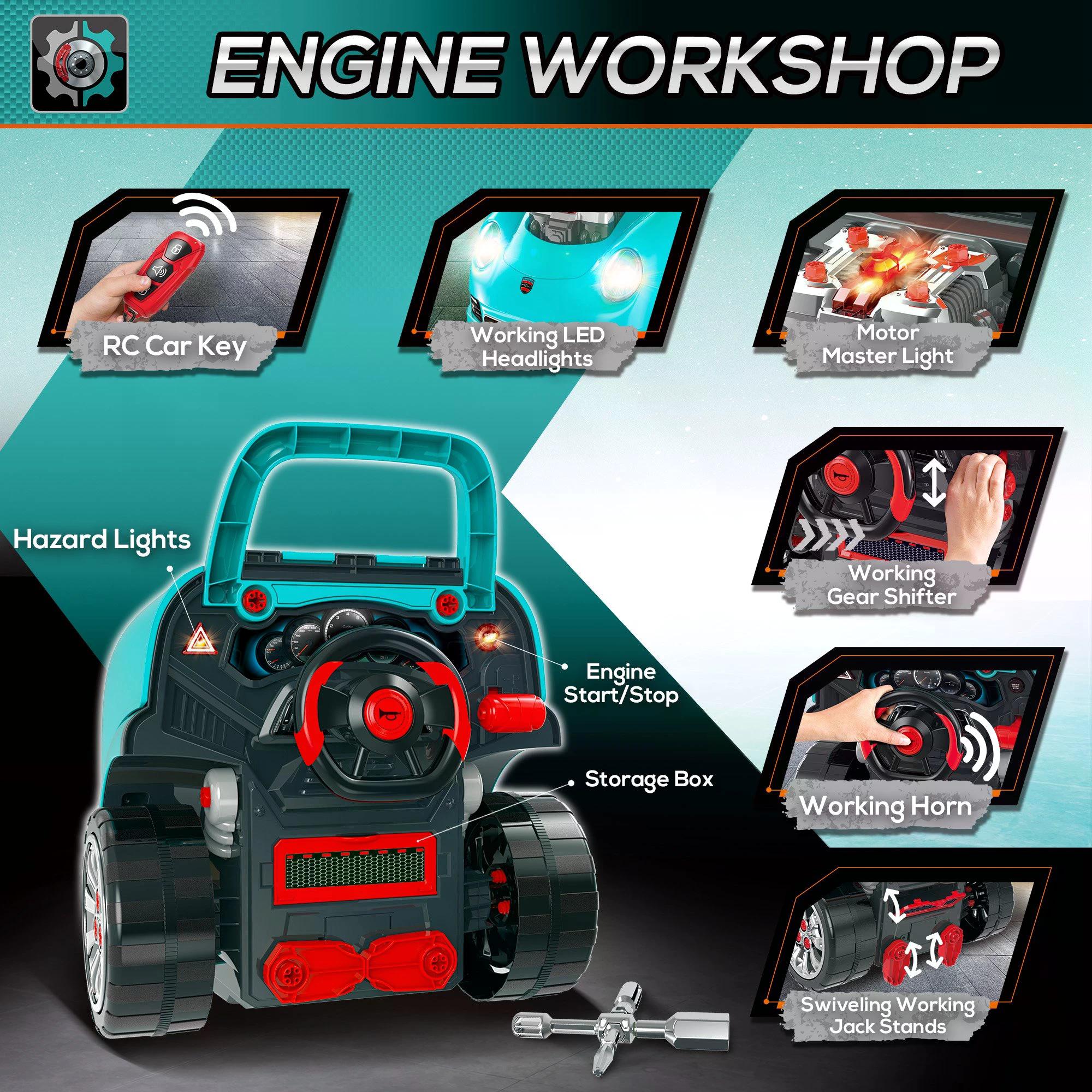 HOMCOM Kids Truck Engine Toy Set, Educational Car Service Station Playset, Take Apart Workshop, w/ Steering Wheel, for 3-5 Years Old Teal Green - anydaydirect