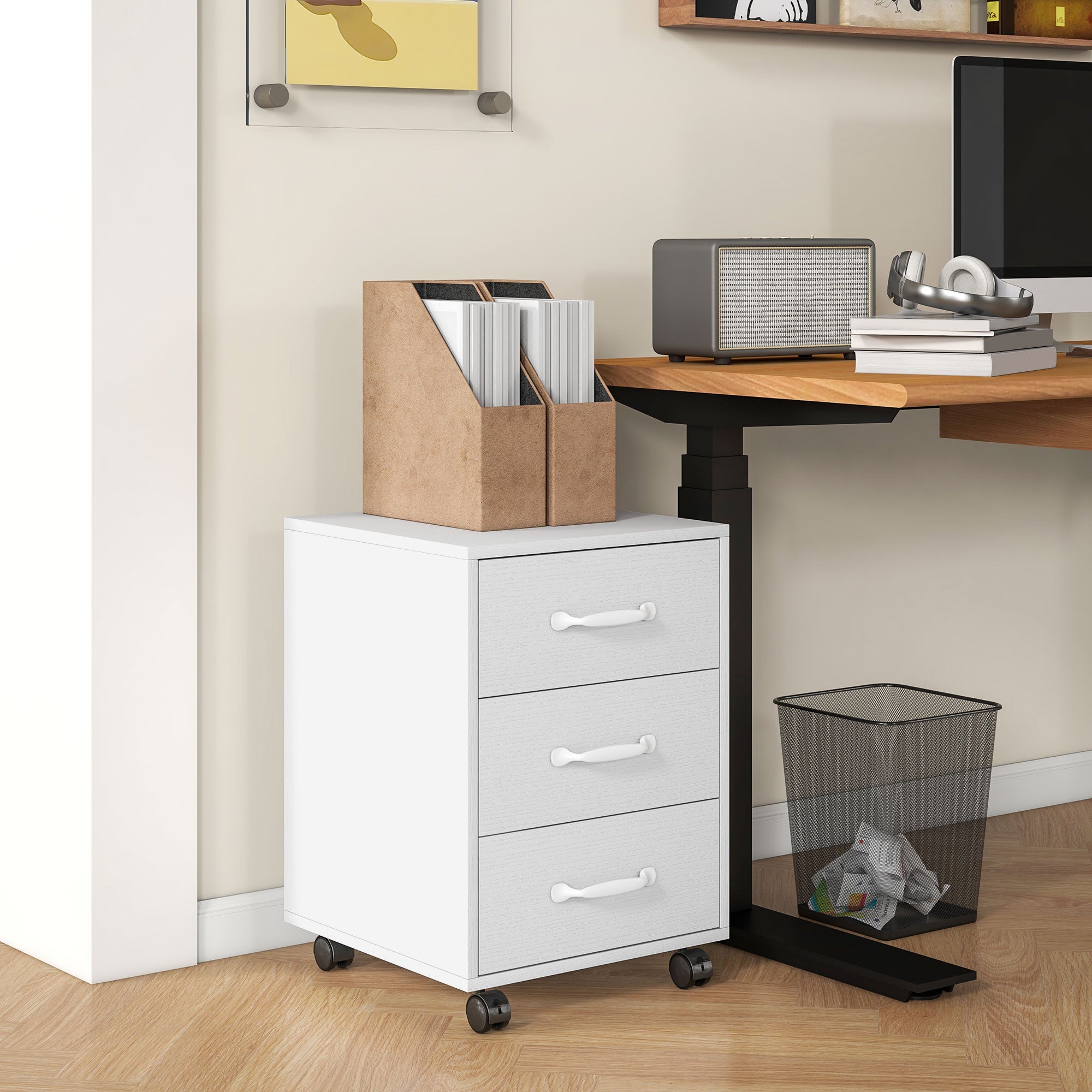 HOMCOM 3 Drawer File Cabinet, Mobile Filing Cabinet on Wheels for Home Office, Study, White - anydaydirect