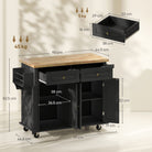 HOMCOM Rolling Kitchen Island Storage Trolley with Rubber Wood Top & Drawers for Dining Room, Black - anydaydirect