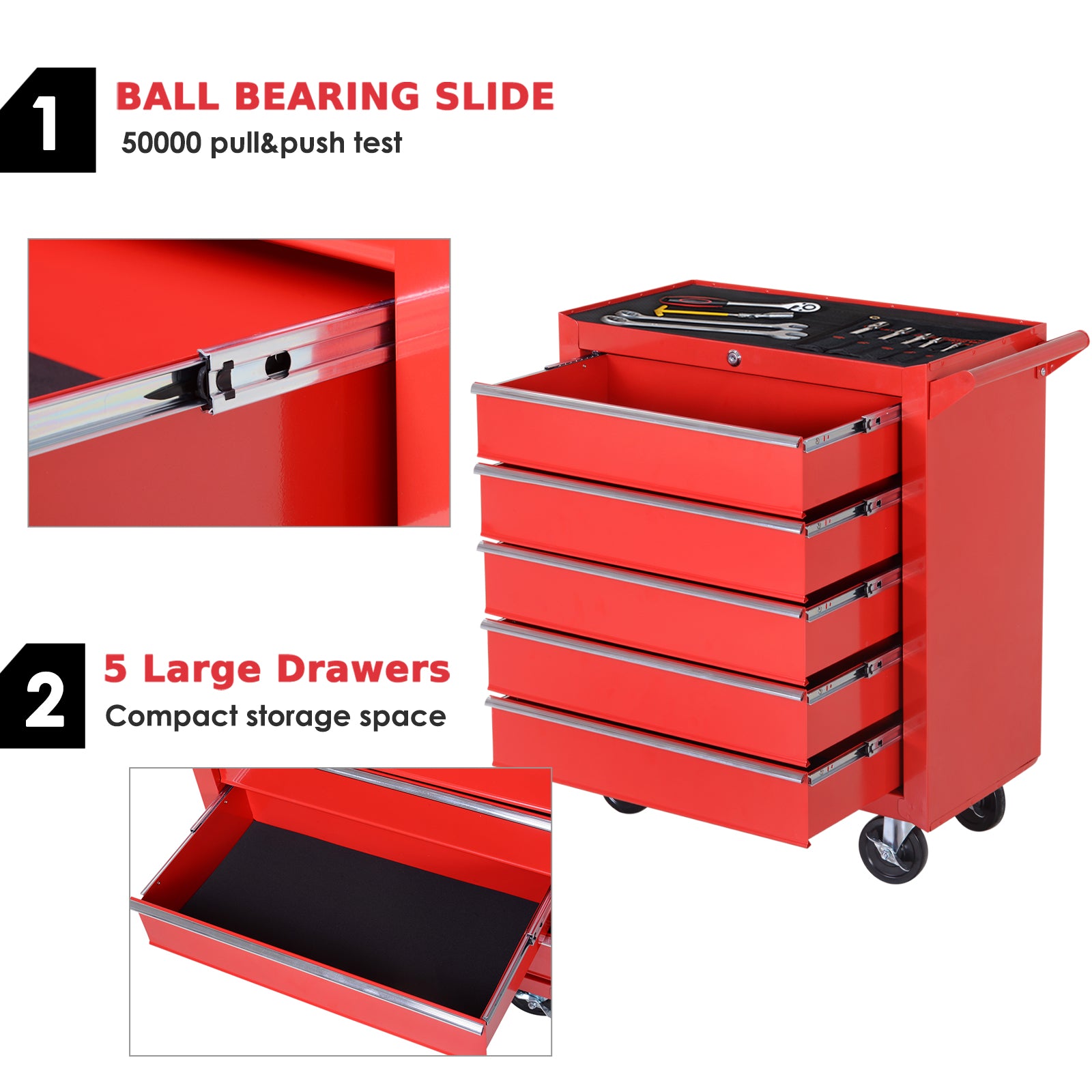 DURHAND 5-Drawer Lockable Tool Storage Cabinet with Wheels, Handle, 2 Keys, Steel Home Work DIY Workshop Chest, Garage Equipment Trolley, Red - anydaydirect