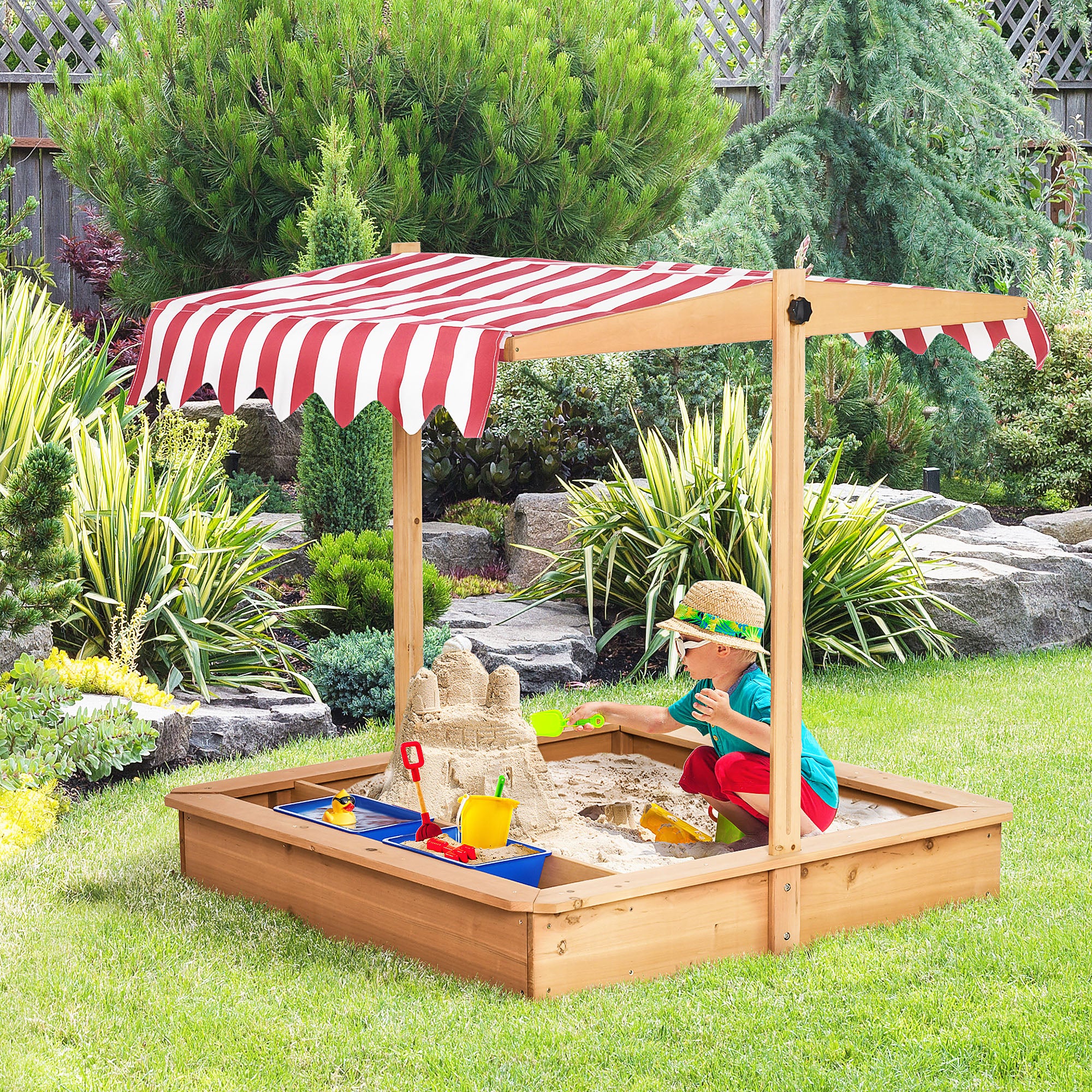 Outsunny Sand Pit Kids Wooden Sandbox with Cover Children Sandpit Play Station Height Adjustable with Canopy, Bottom Liner, Plastic Basins for Outdoor Aged 3-7 Years - anydaydirect