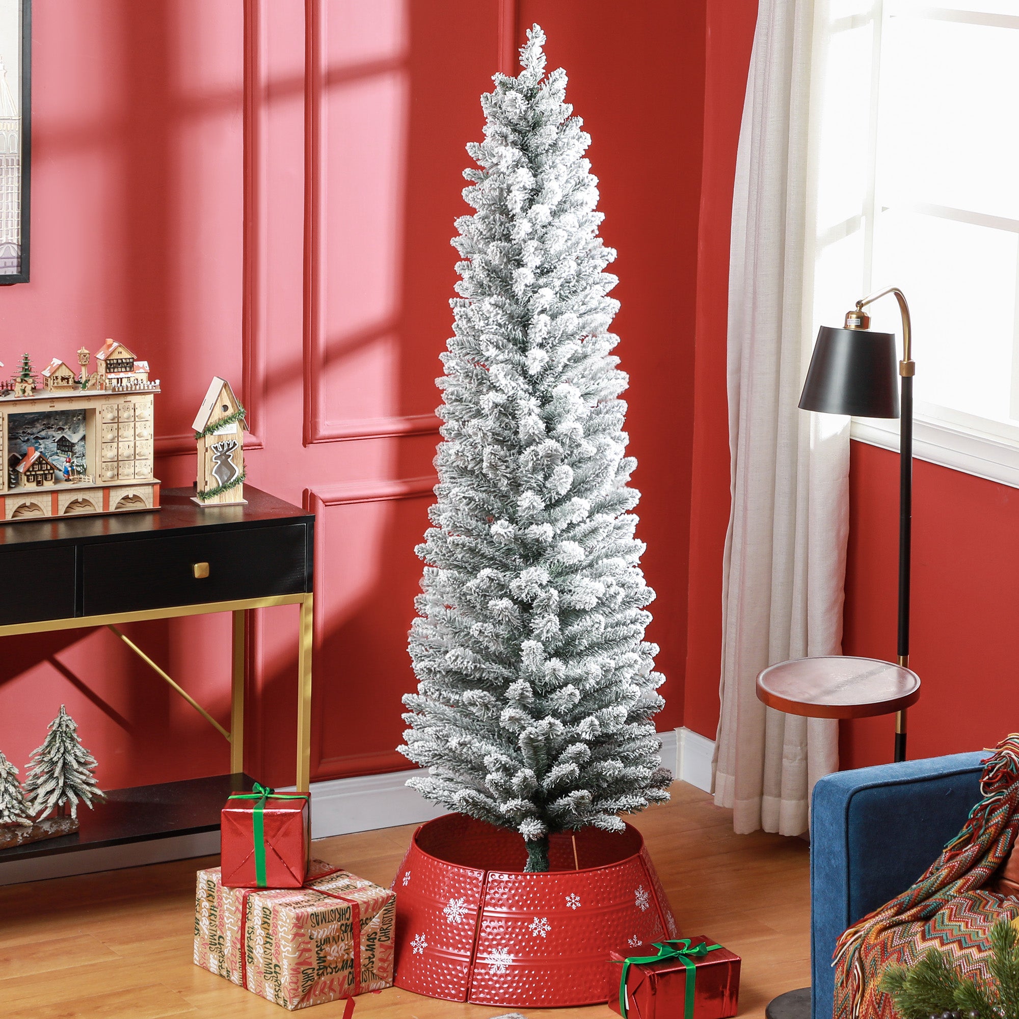 HOMCOM 6ft Artificial Pencil Christmas Tree with 329 Snow Flocked Tips, Metal Base, Realistic Xmas Tree - anydaydirect