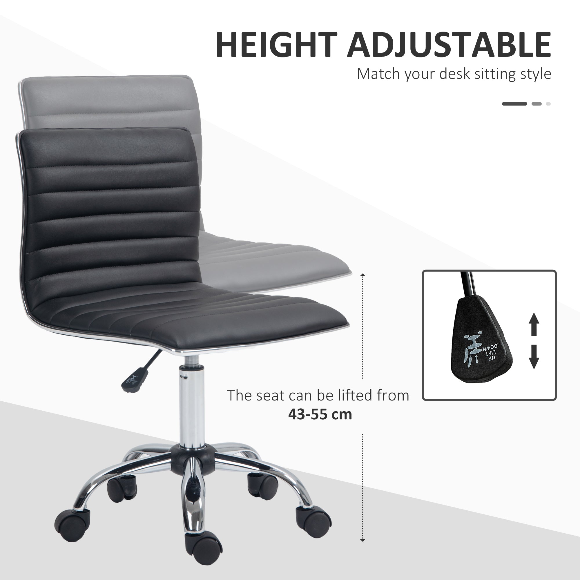 HOMCOM Adjustable Swivel Office Chair with Armless Mid-Back in PU Leather and Chrome Base - Black - anydaydirect