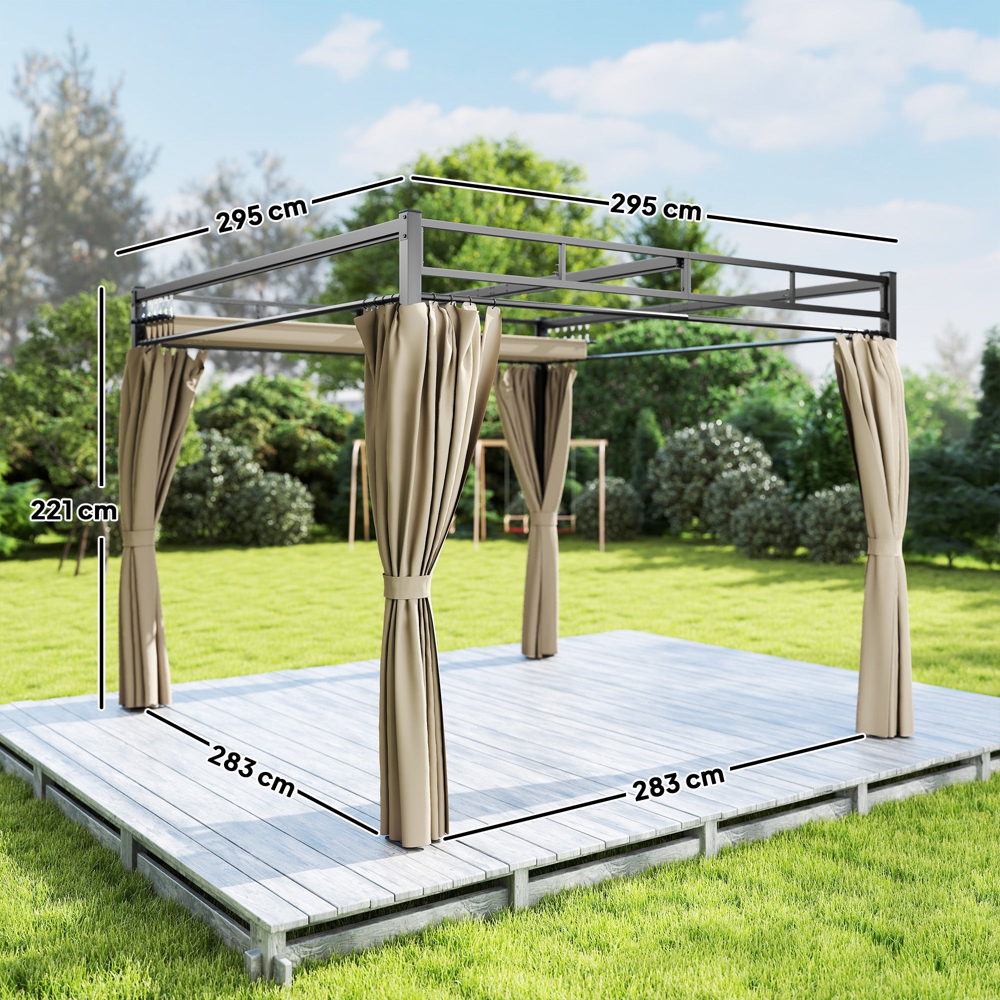 Outsunny 3 x 3 m Pergola with Retractable Roof Canopy and Curtains, UPF30+ Metal Frame Garden Pergola Gazebo Sun Shade, Khaki - anydaydirect