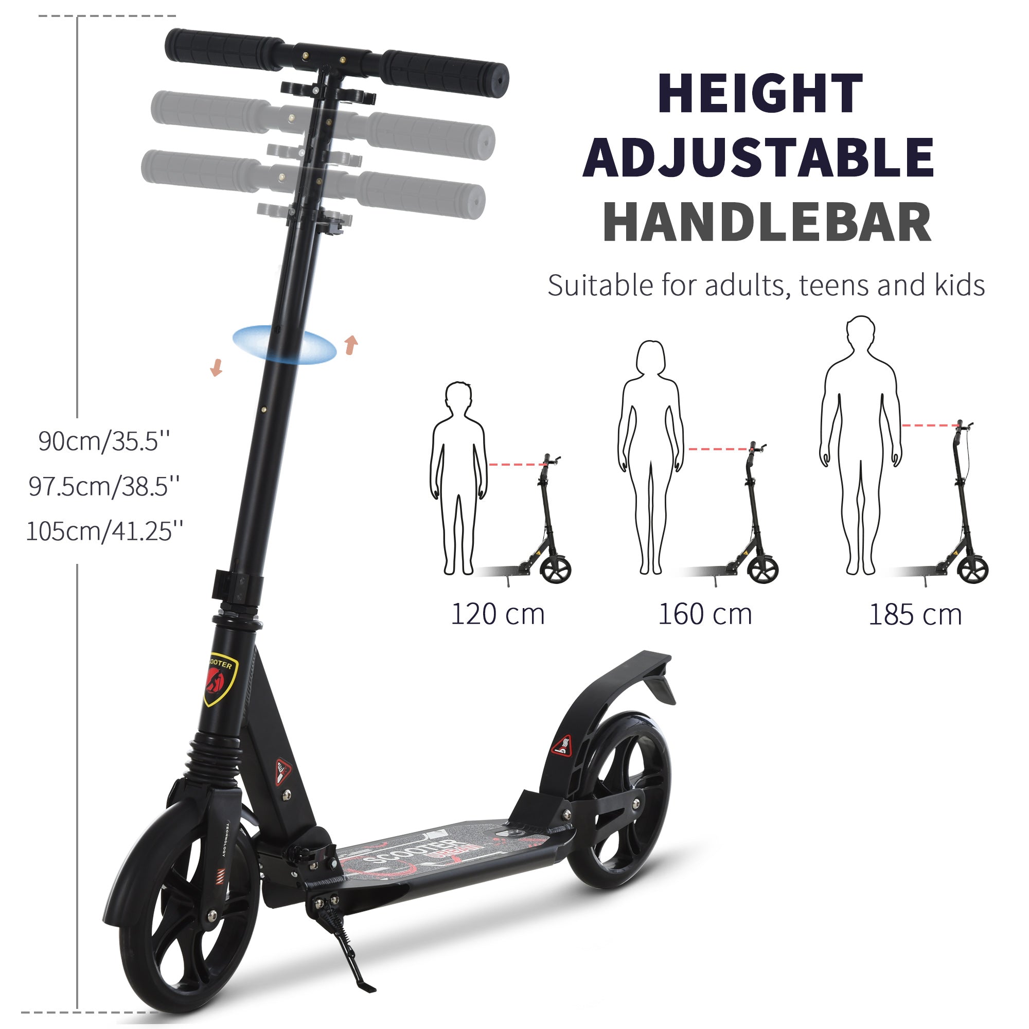 HOMCOM Folding Kick Scooter, Adjustable Ride On Scooter with 200mm Big Wheels and Double Shock Absorption, Urban Scooter for 14+ Teens Adult, Black - anydaydirect