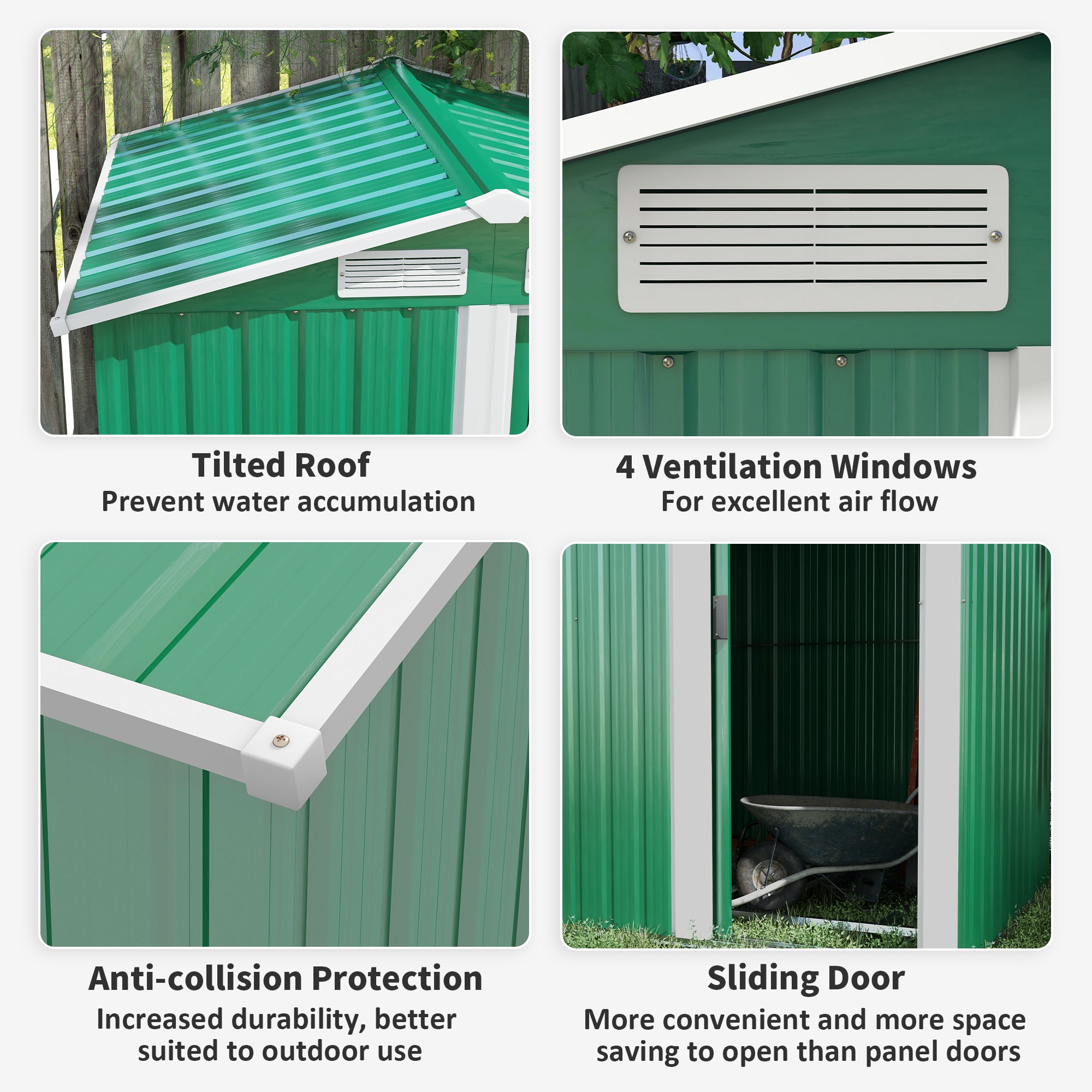 Outsunny Garden Metal Tool Storage Shed with Sliding Door, Sloped Roof and Floor Foundation, 152 x 132 x 188cm, Green - anydaydirect