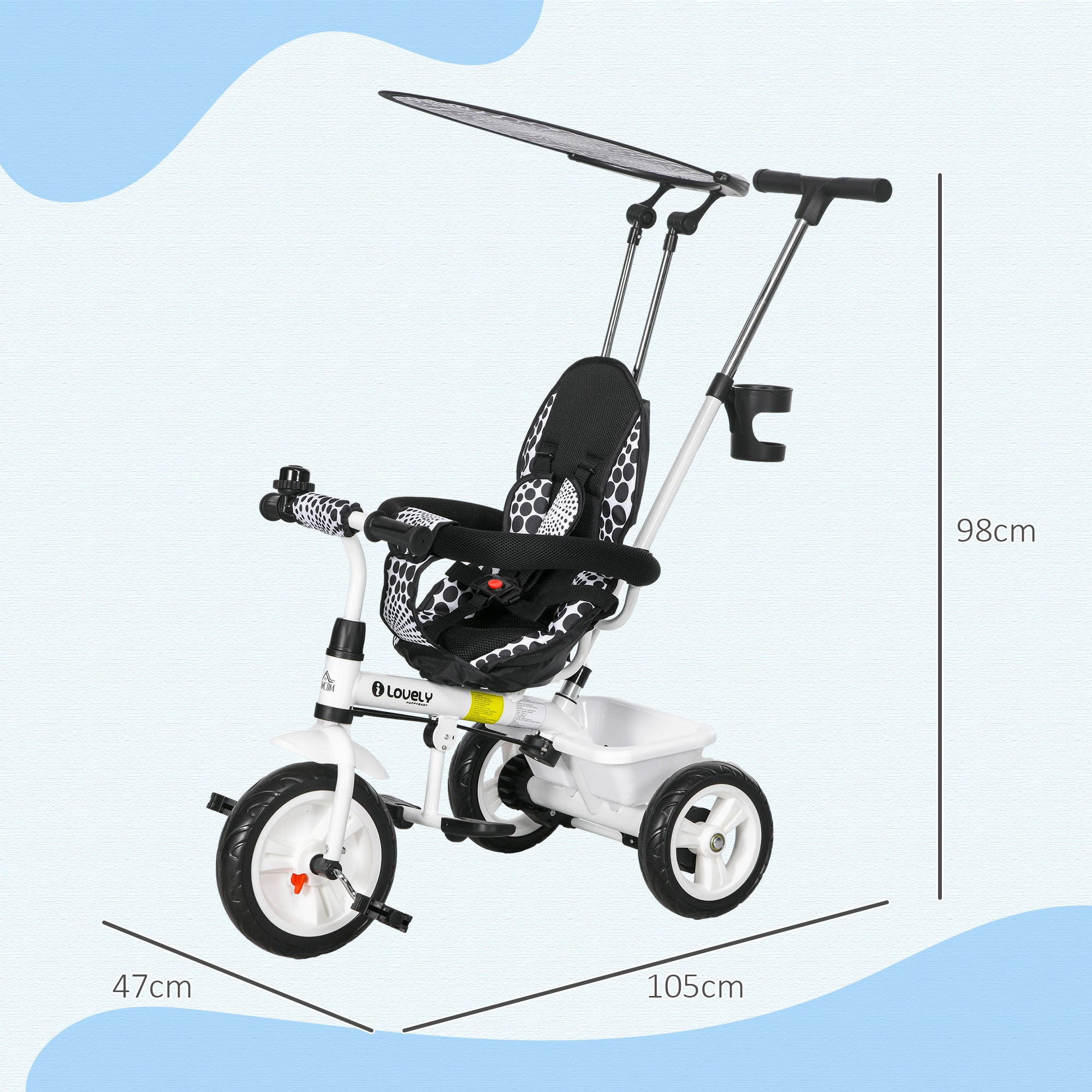 HOMCOM 4 in 1 Tricycle for Kids with 5-point harness straps, Removable Canopy, White - anydaydirect