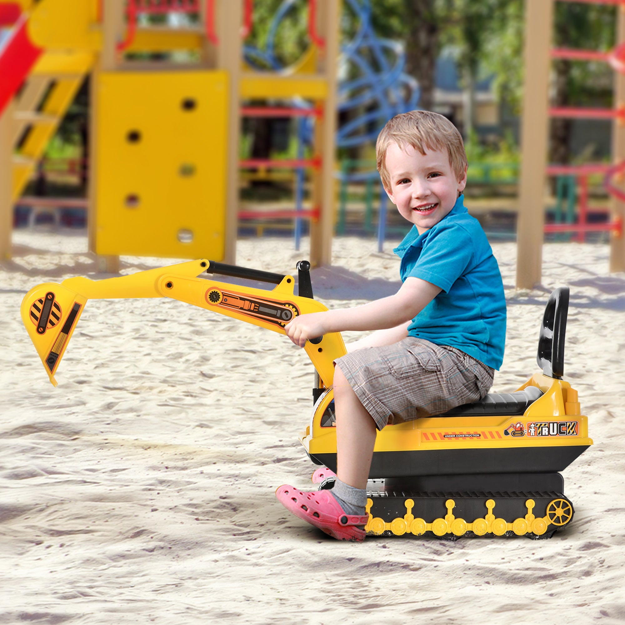 HOMCOM Kids Ride On Digger Excavator Toy Tractors Walker Toddler Truck Basket Storage For Boys Girls 3 Years Old Yellow NO POWER - anydaydirect