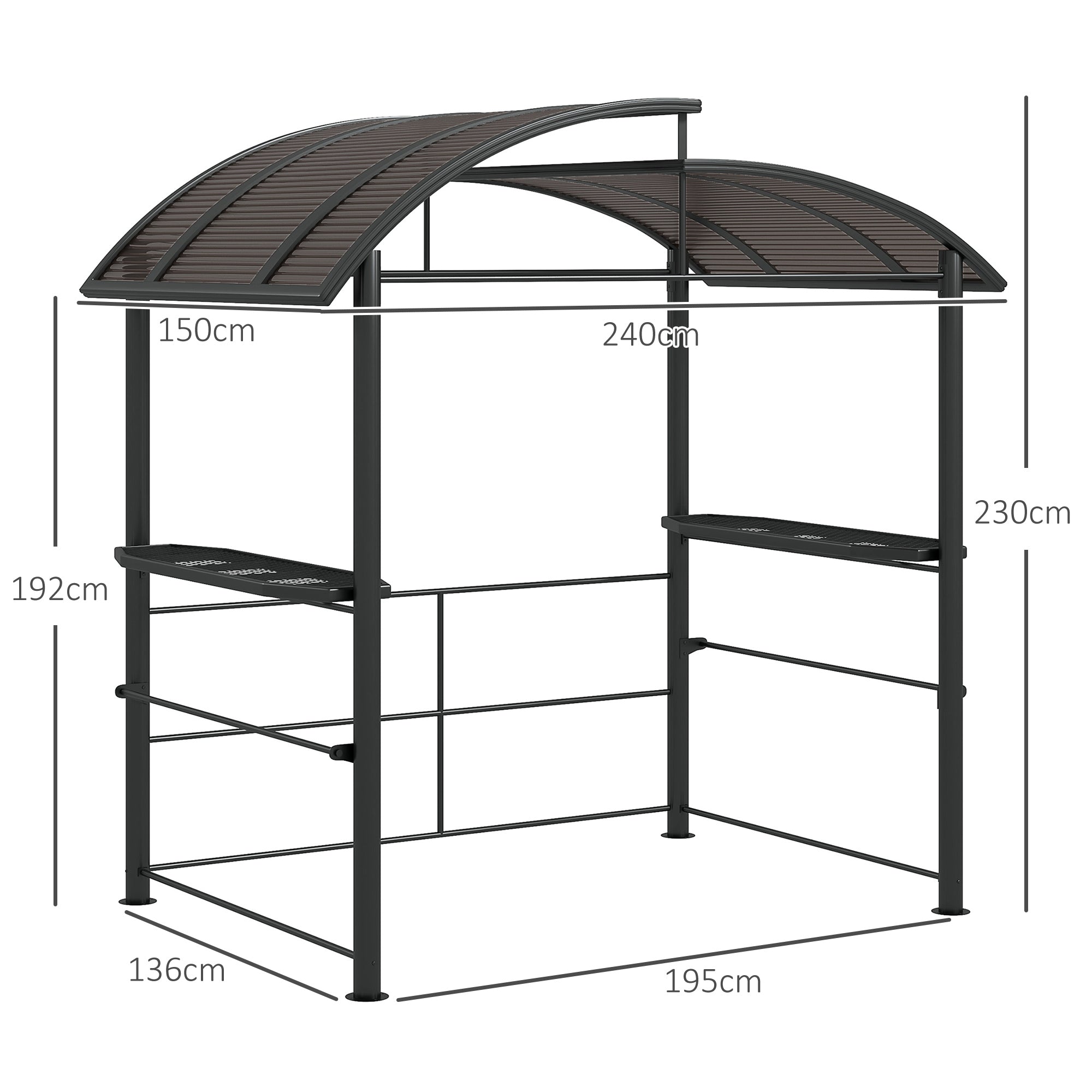 Outsunny 2.4 x 1.5m Outdoor Grill Gazebo with Side Shelves, PC Board Roof, Dark Grey - anydaydirect
