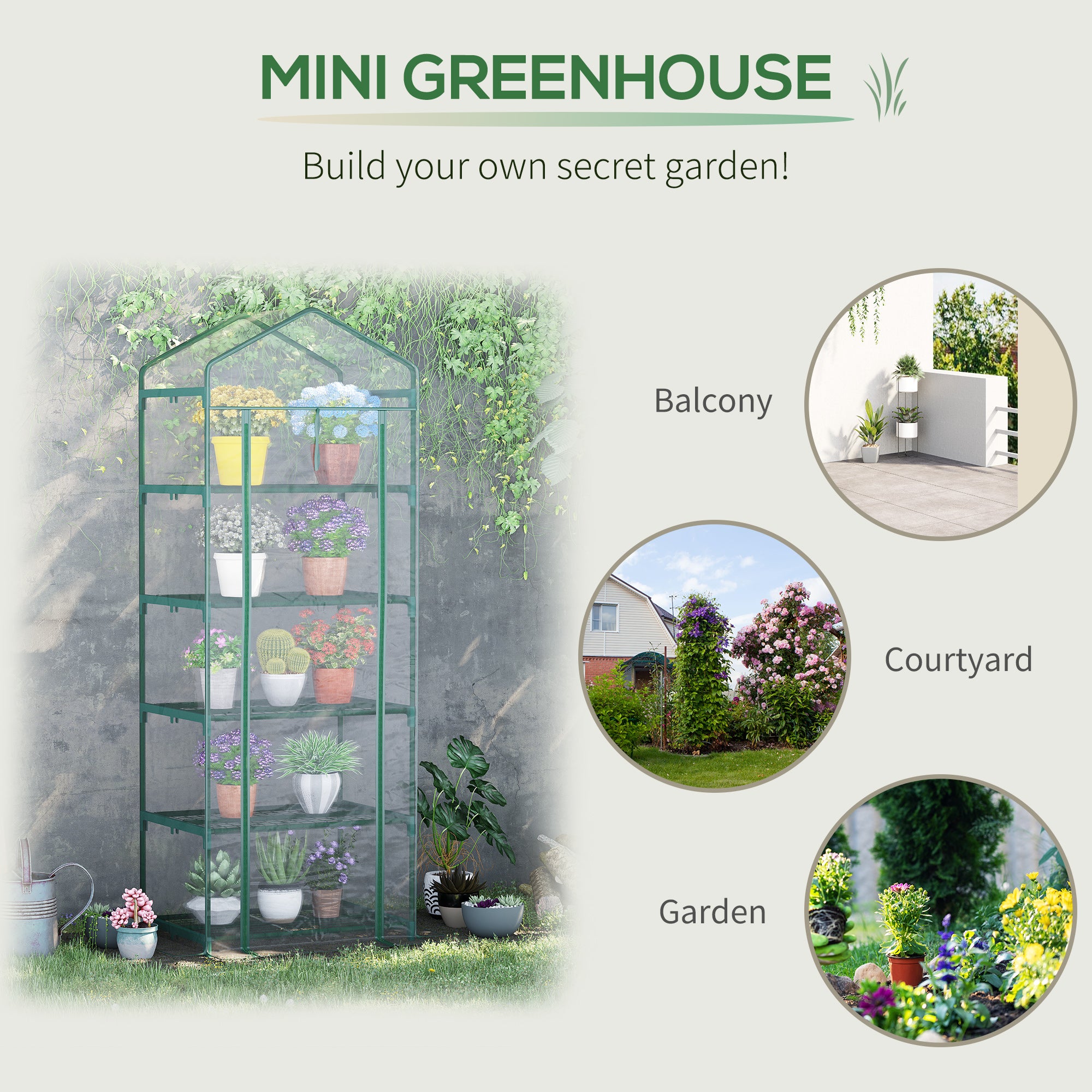 Outsunny 5 Tier Mini Greenhouse Outdoor Flower Stand Green House PVC Cover Portable Shed Metal Frame Transparent 69 x 49 x 193cm - anydaydirect