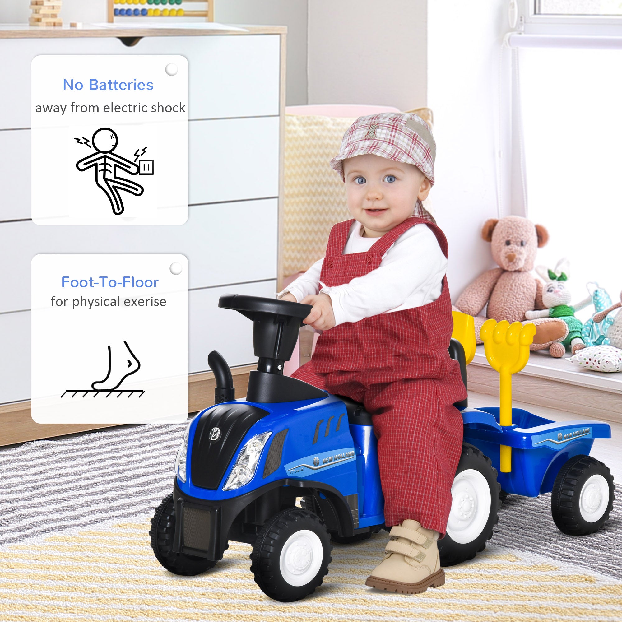 HOMCOM NEW HOLLAND Licensed Toddler Slider Car: Foot-to-Floor with Horn, Large Steering Wheel & Storage, for 12-36 Months, Azure - anydaydirect