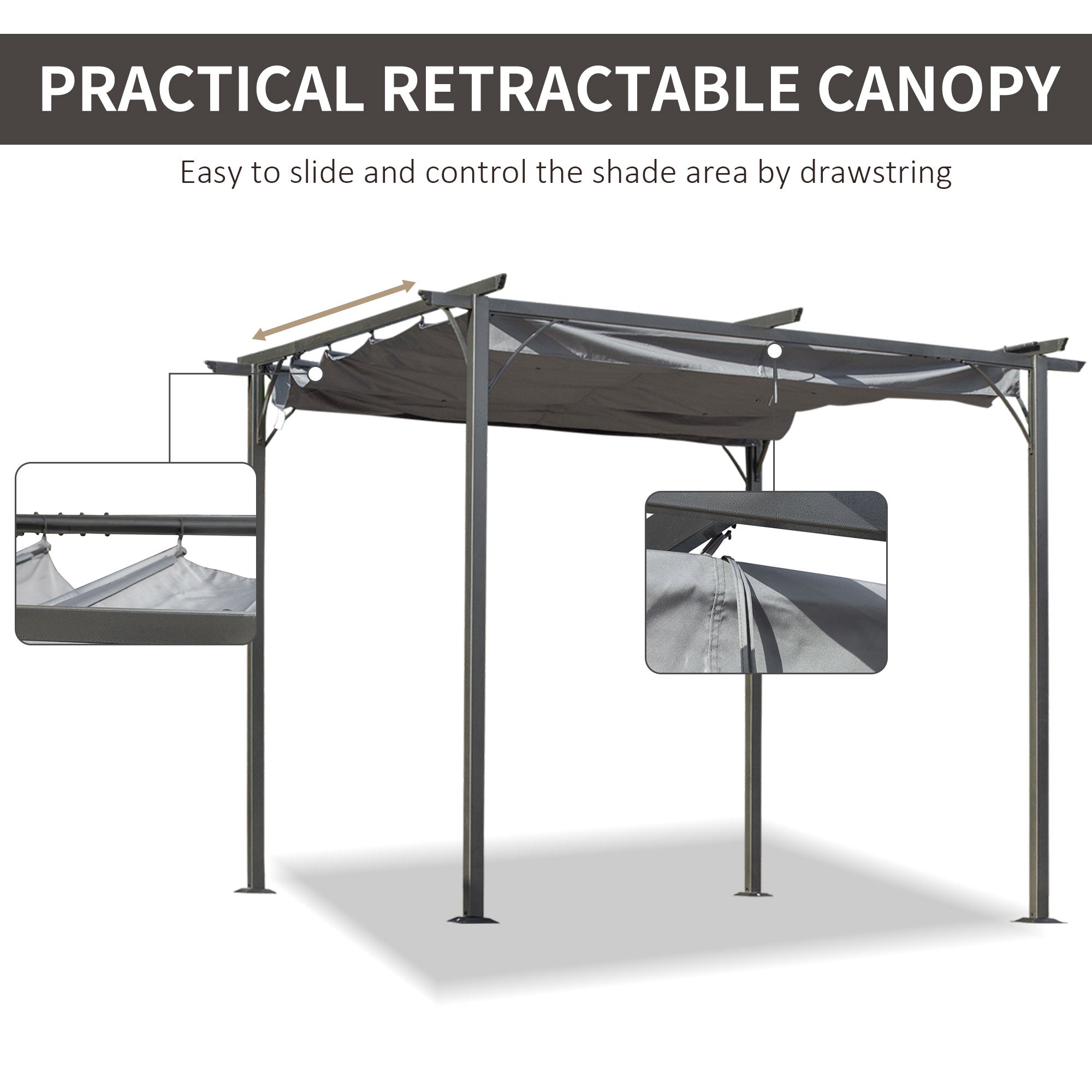 Outsunny 3 x 3(m) Metal Pergola with Retractable Roof, Garden Gazebo Metal Pergola Canopy. Outdoor Sun Shade Shelter for Party BBQ, Grey - anydaydirect