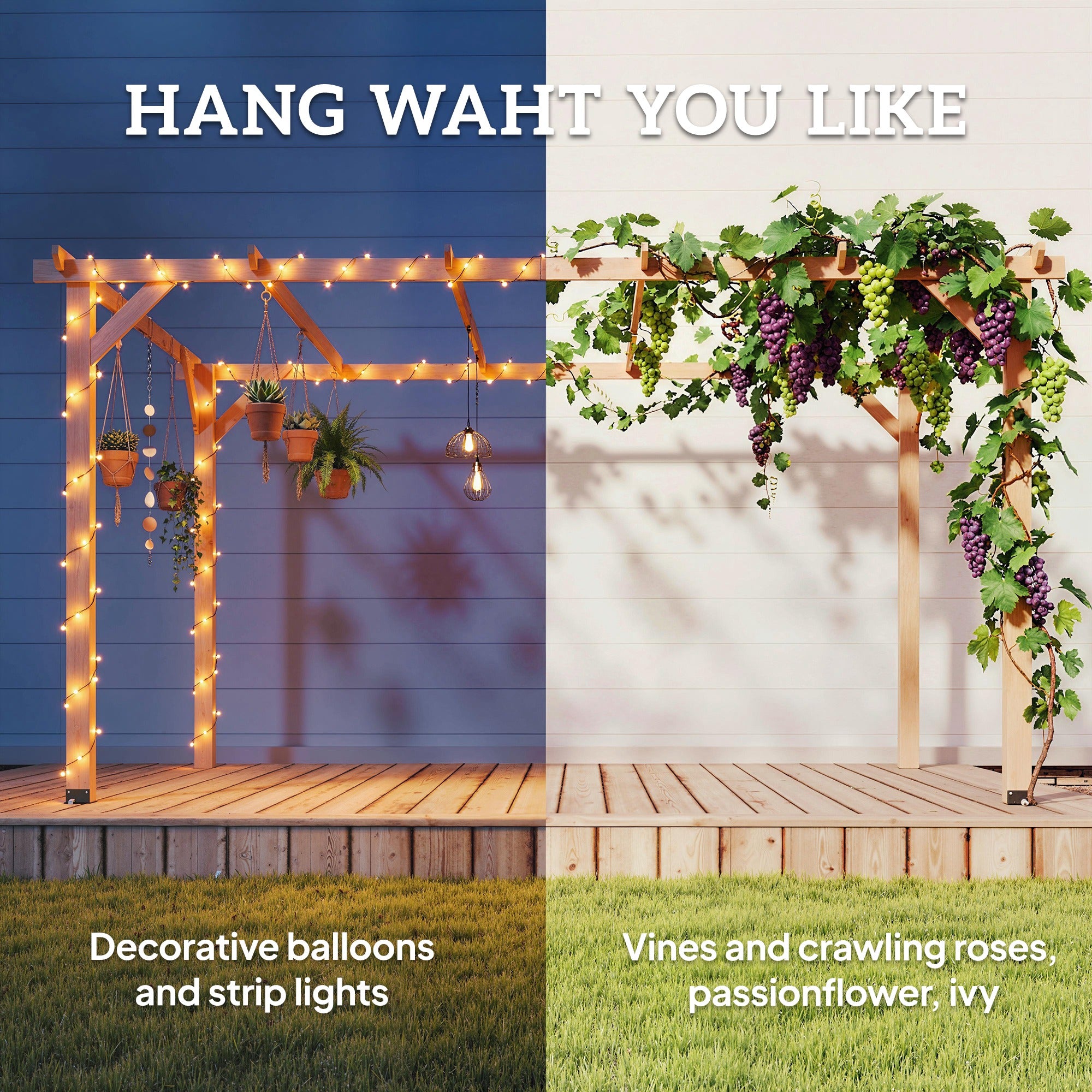 Outsunny 4 x 3 m Wooden Pergola Kit, Garden Pergola Gazebo Grape Trellis with Triangle Supports, 6 Beams, Maple Wood-effect - anydaydirect