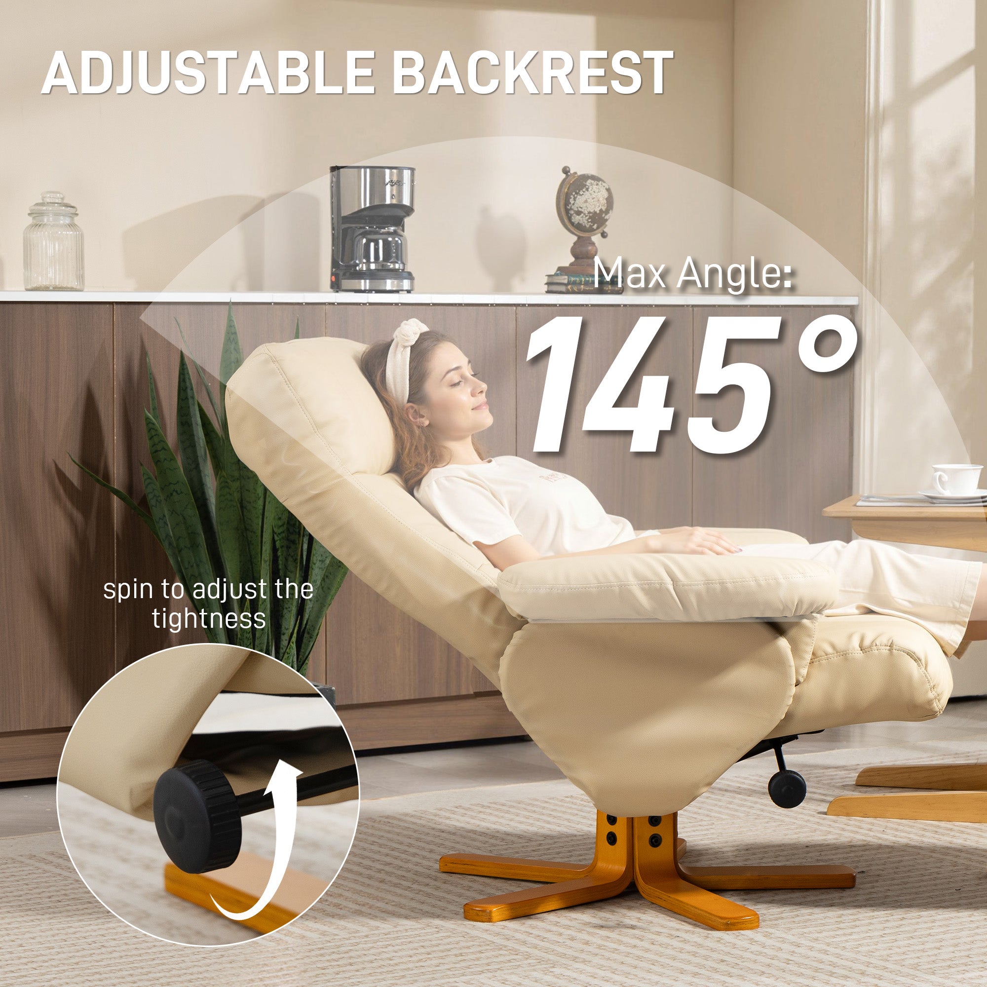 HOMCOM PU Leather Swivel Recliner Chair with Footstool, Wooden Base and Storage for Living Room, Beige - anydaydirect
