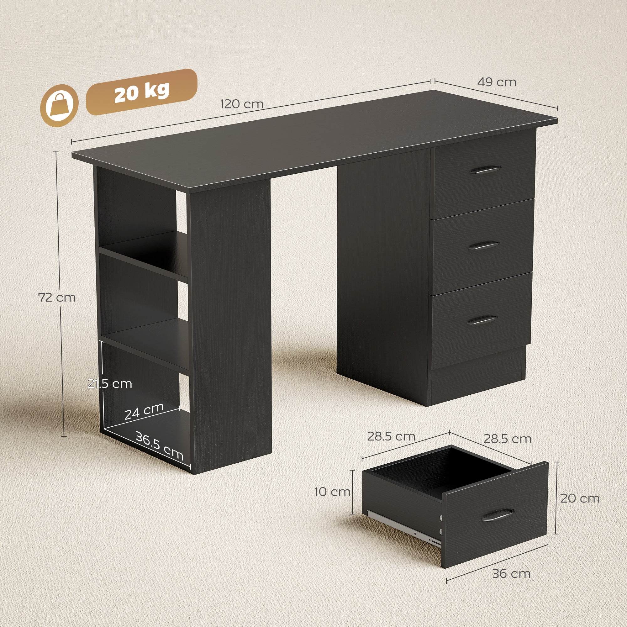 HOMCOM Computer Desk, Writing Table, PC Workstation with 3 Storage Shelves and Drawers, Handle, for Home Office, Black - anydaydirect