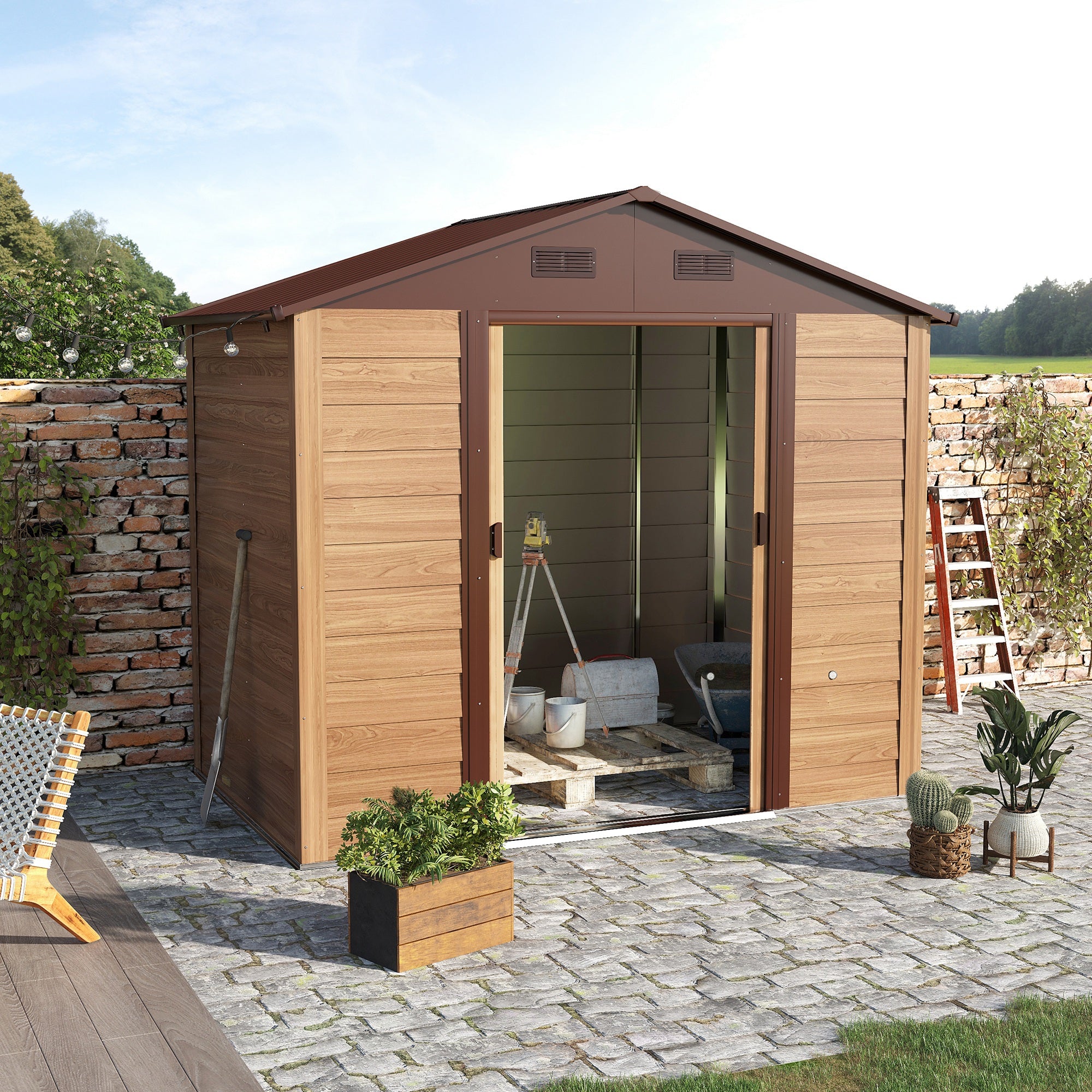 Outsunny 8 x 6.5 ft Metal Garden Storage Shed Apex Store for Gardening Tool with Foundation Ventilation and Lockable Door, Brown - anydaydirect