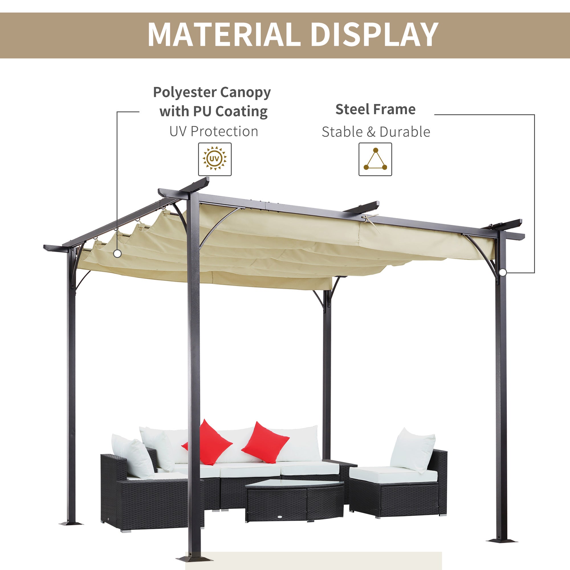 Outsunny 3 x 3(m) Metal Pergola with Retractable Roof, Garden Gazebo Metal Pergola Canopy. Outdoor Sun Shade Shelter for Party BBQ, Beige - anydaydirect