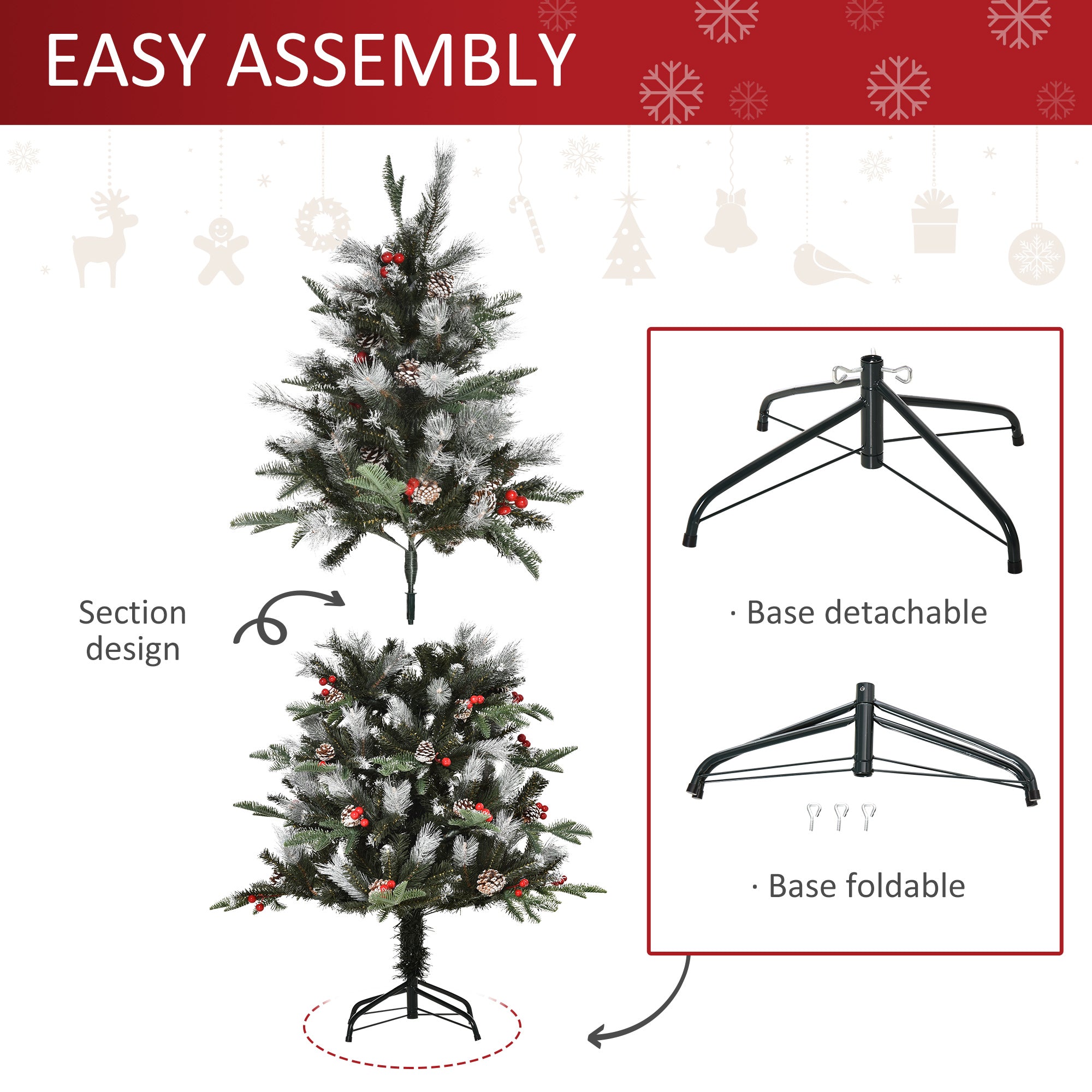 HOMCOM 5FT Artificial Snow Dipped Christmas Tree Xmas Pencil Tree Holiday Home Party Decoration w/ Foldable Feet Berries Pinecones, Green - anydaydirect