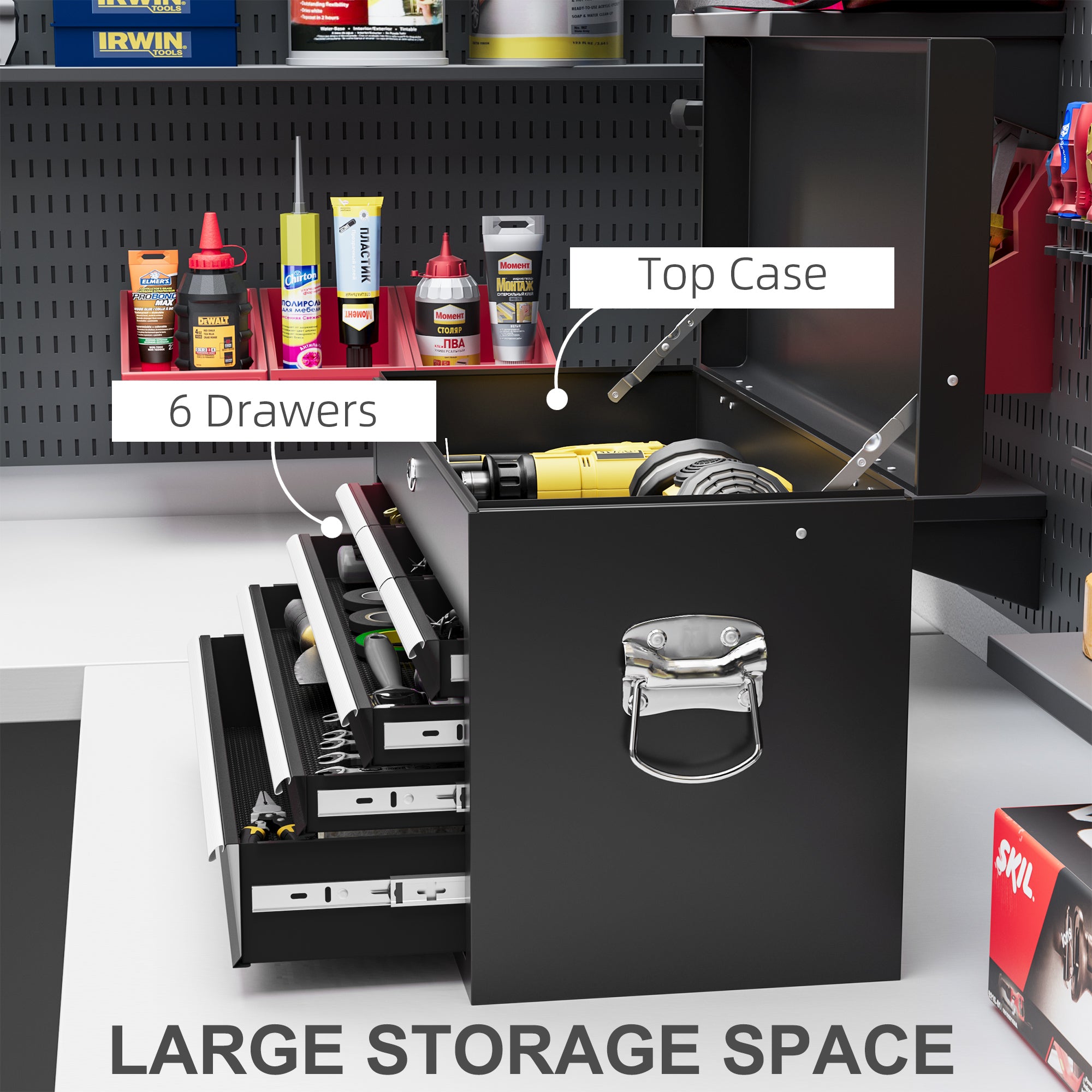HOMCOM Steel Six Drawer Tool Storage Carry Chest, with Lock and Keys - Black - anydaydirect