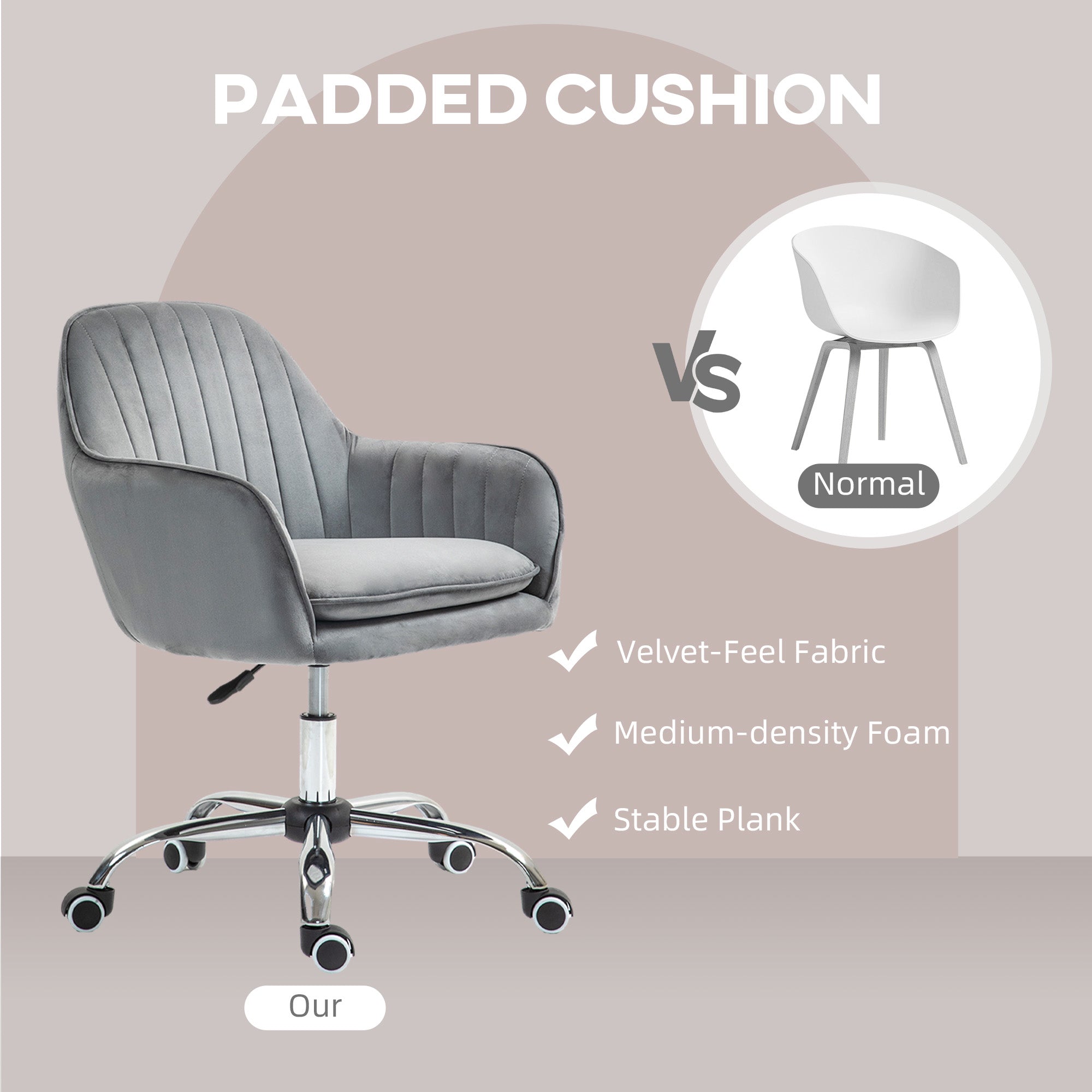 HOMCOM Office Chair, Swivel Desk Chair, Velvet-Feel Fabric Vanity Chair with Adjustable Height and Rolling Wheels for Home Work Study, Grey - anydaydirect